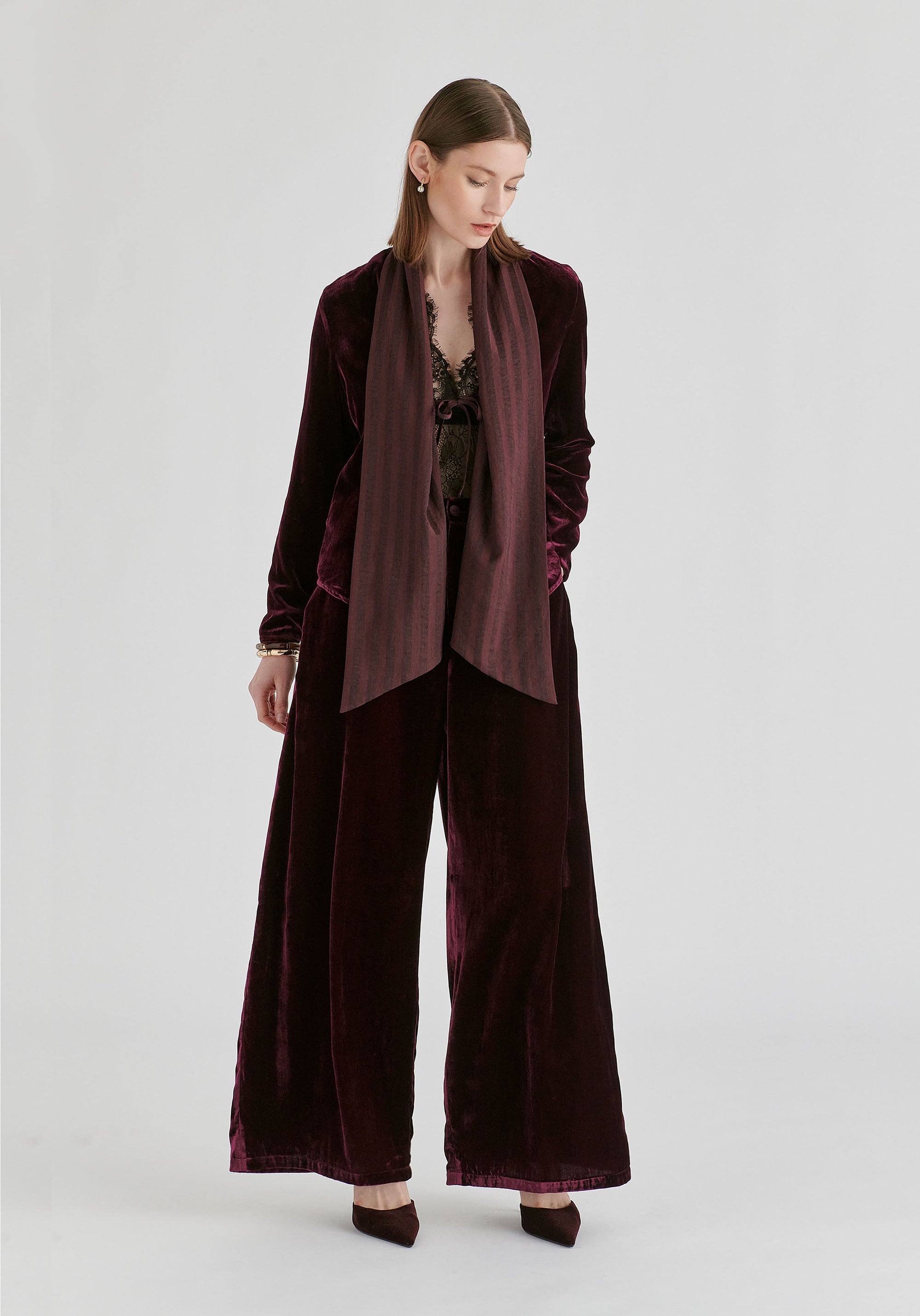 Velvet Tie-Front Jacket with Striped Contrast Panelled Collar in Wine Front