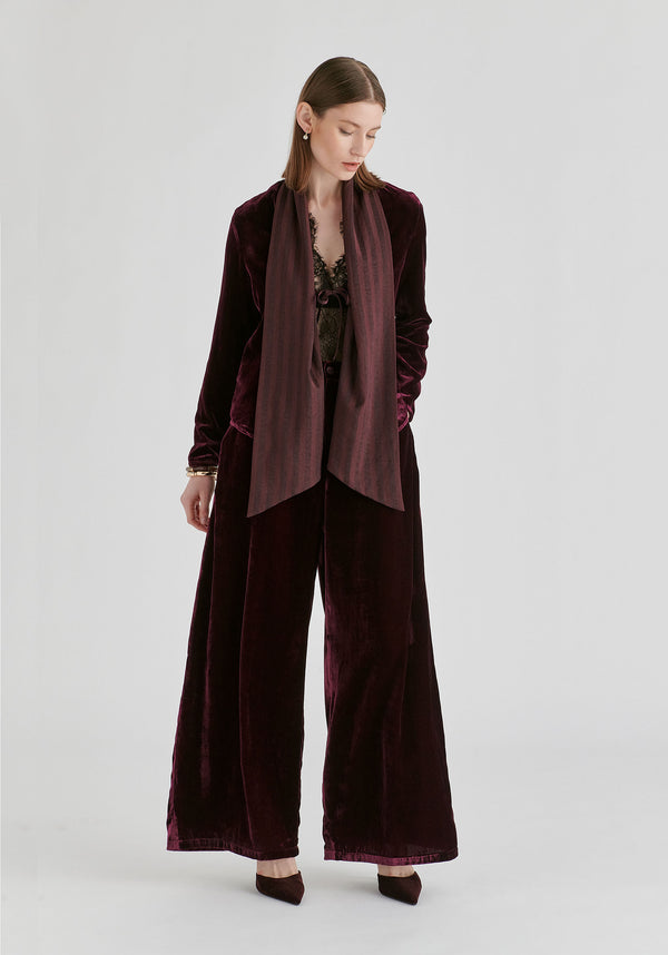 Velvet Tie-Front Jacket with Striped Contrast Panelled Collar in Wine Front
