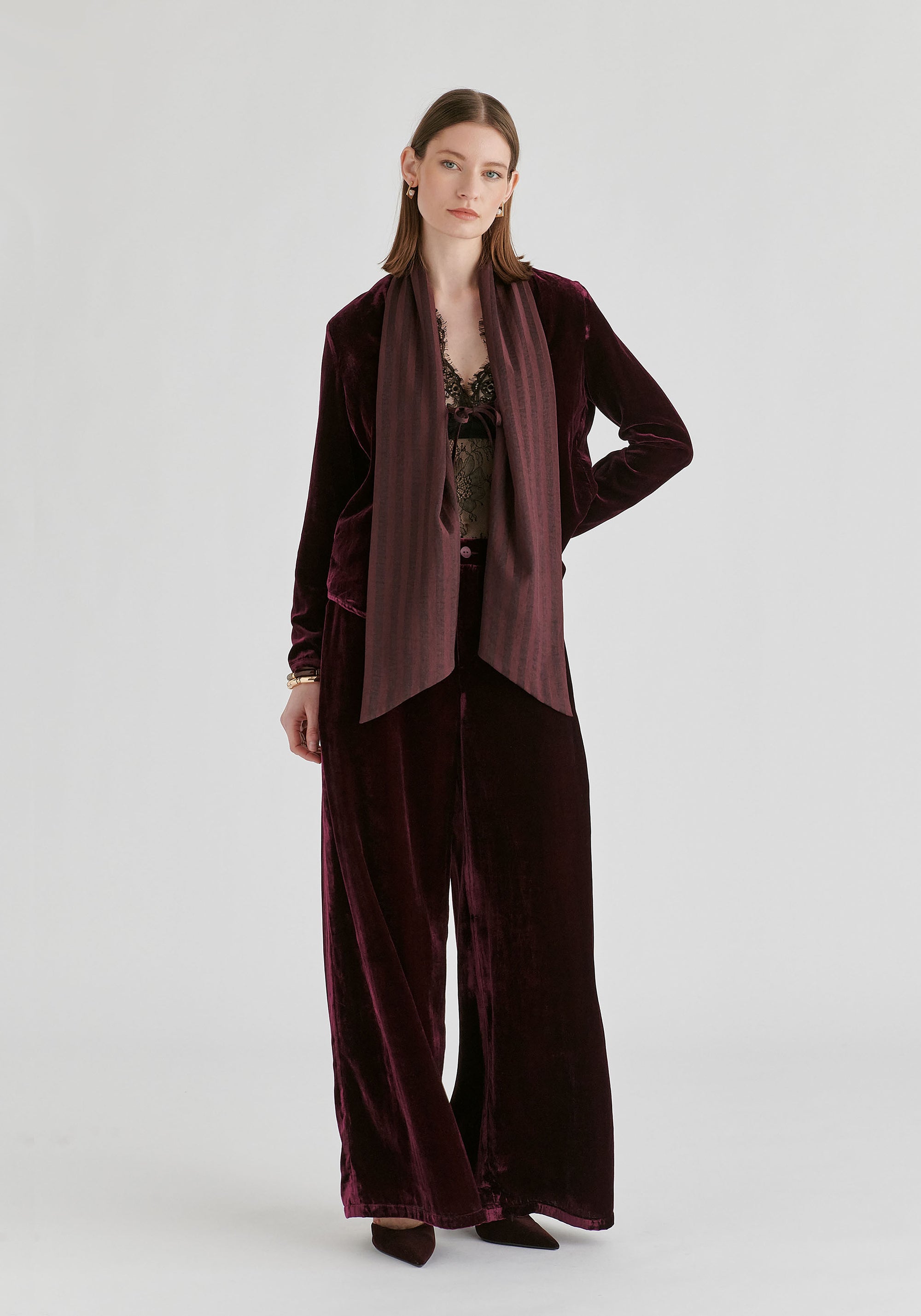 Velvet Tie-Front Jacket with Striped Contrast Panelled Collar in Wine Front