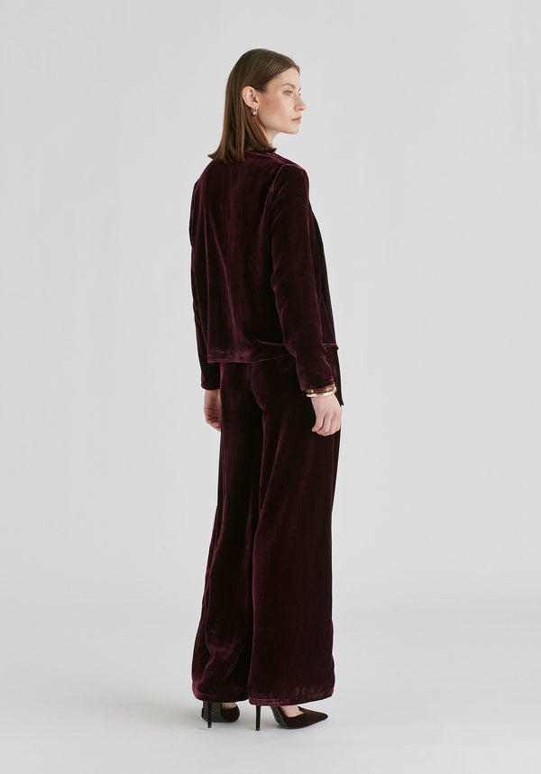 Velvet Tie-Front Jacket with Striped Contrast Panelled Collar in Wine Back