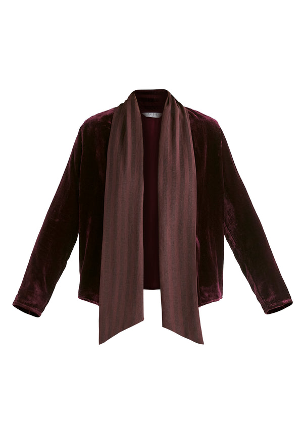 Velvet Tie-Front Jacket with Striped Contrast Panelled Collar in Wine Cutout