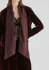 Velvet Tie-Front Jacket with Striped Contrast Panelled Collar in Wine Closeup