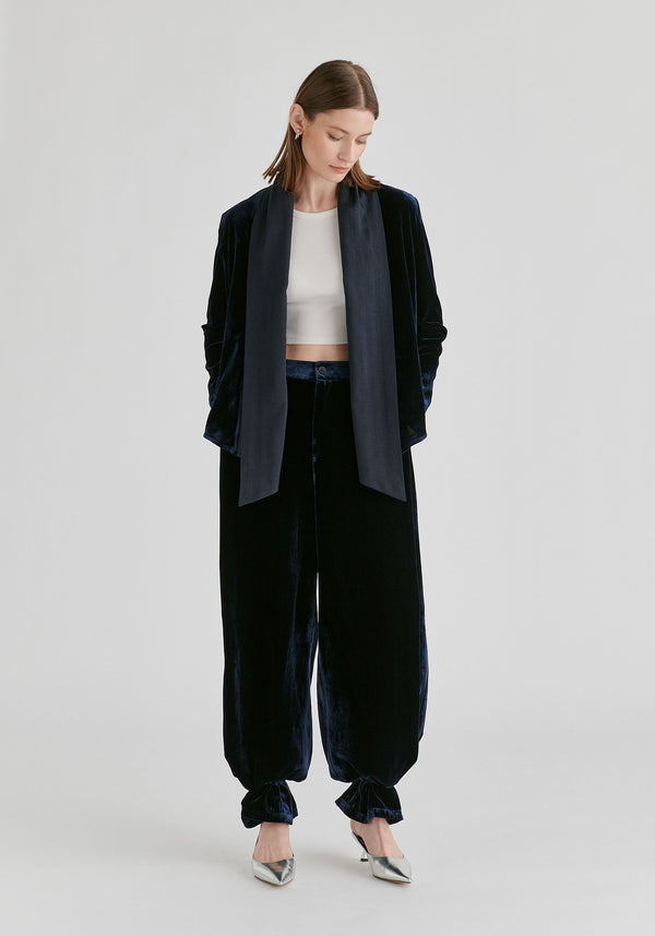 Velvet Tie-Front Jacket with Striped Contrast Panelled Collar in Navy Front