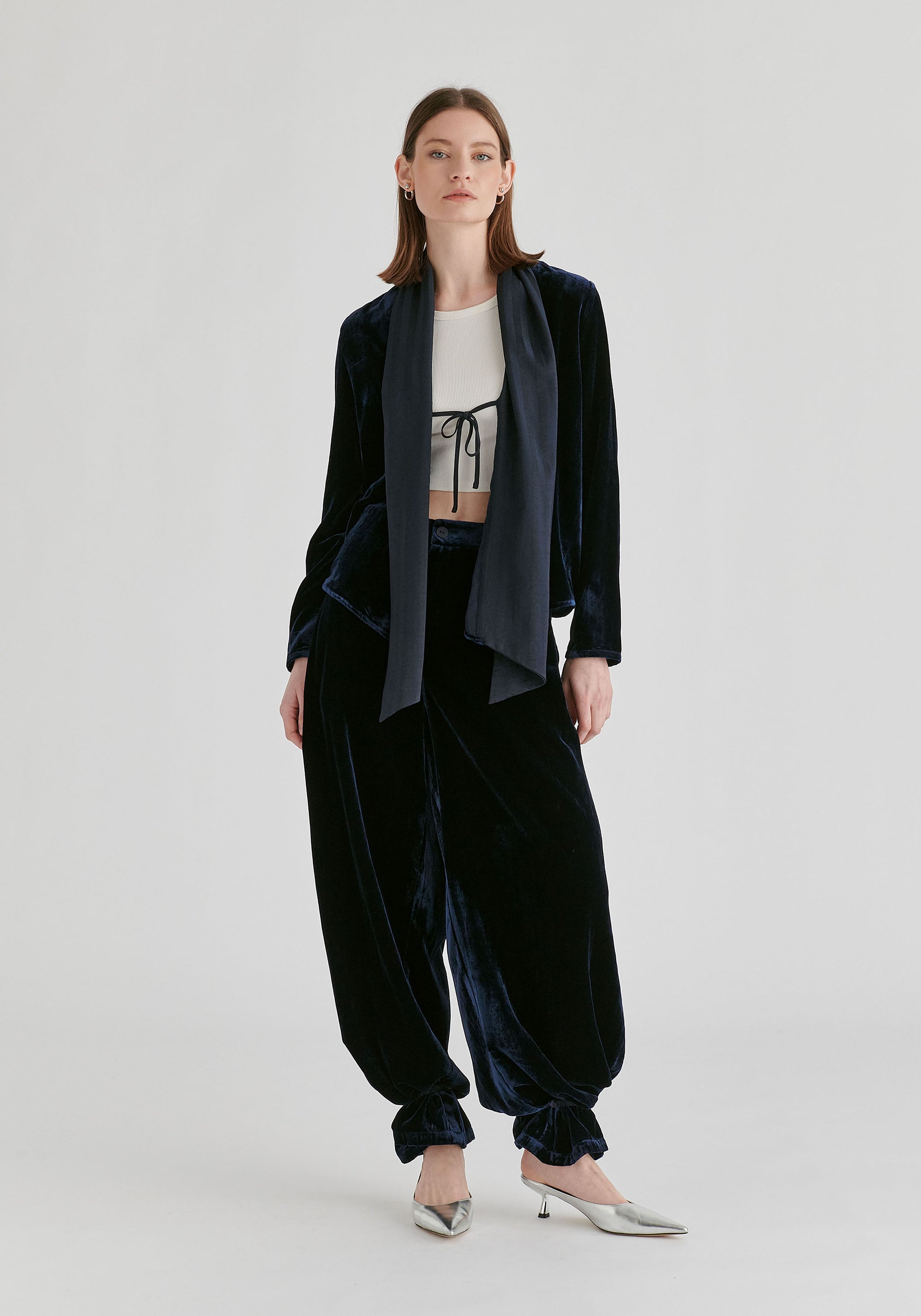 Velvet Tie-Front Jacket with Striped Contrast Panelled Collar in Navy Front