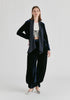 Velvet Tie-Front Jacket with Striped Contrast Panelled Collar in Navy Front