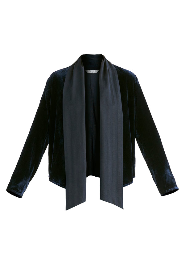 Velvet Tie-Front Jacket with Striped Contrast Panelled Collar in Navy Cutout