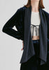 Velvet Tie-Front Jacket with Striped Contrast Panelled Collar in Navy Closeup