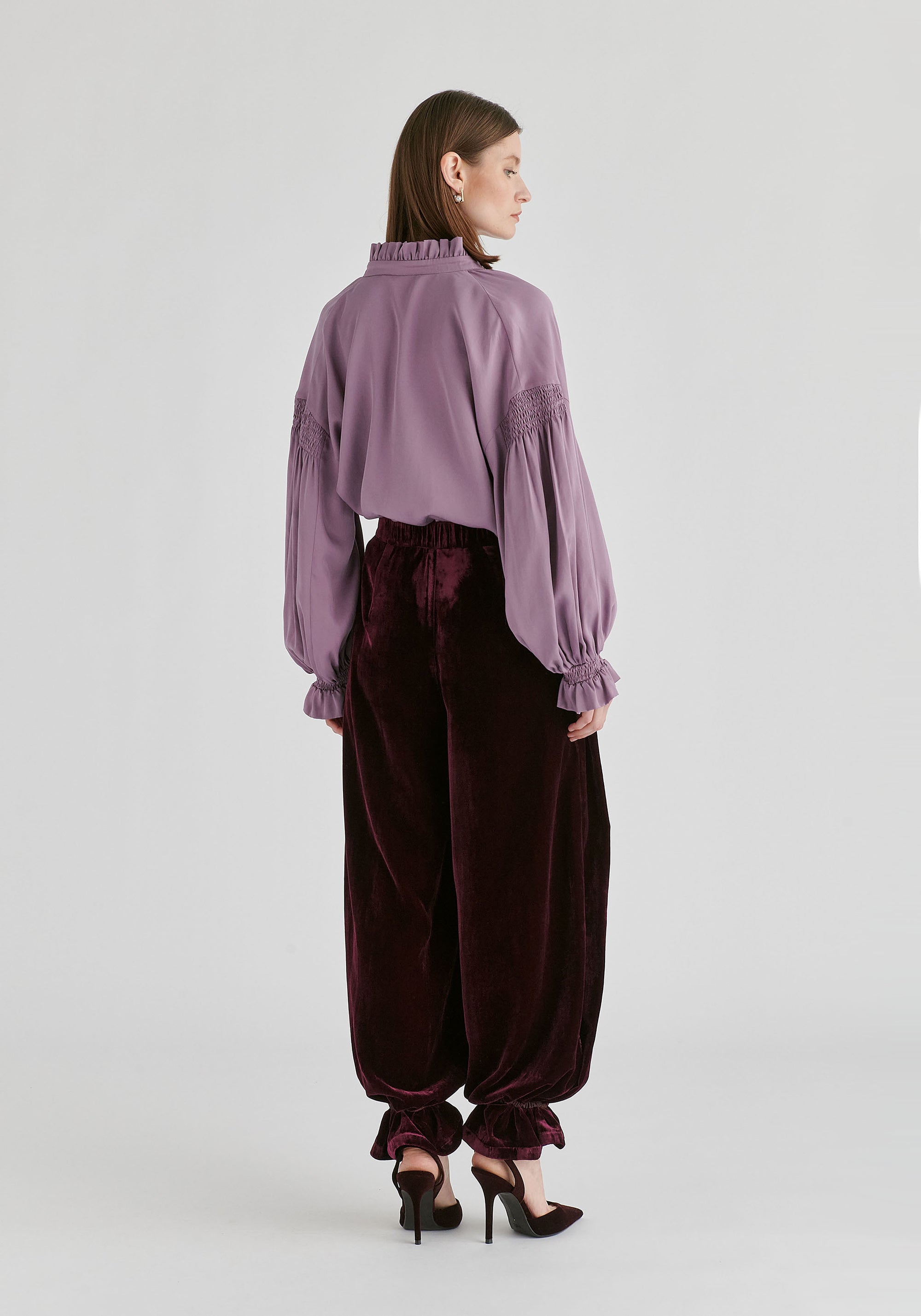 Ruffle Neck Lyocell Blouse with Smocked Cuffs