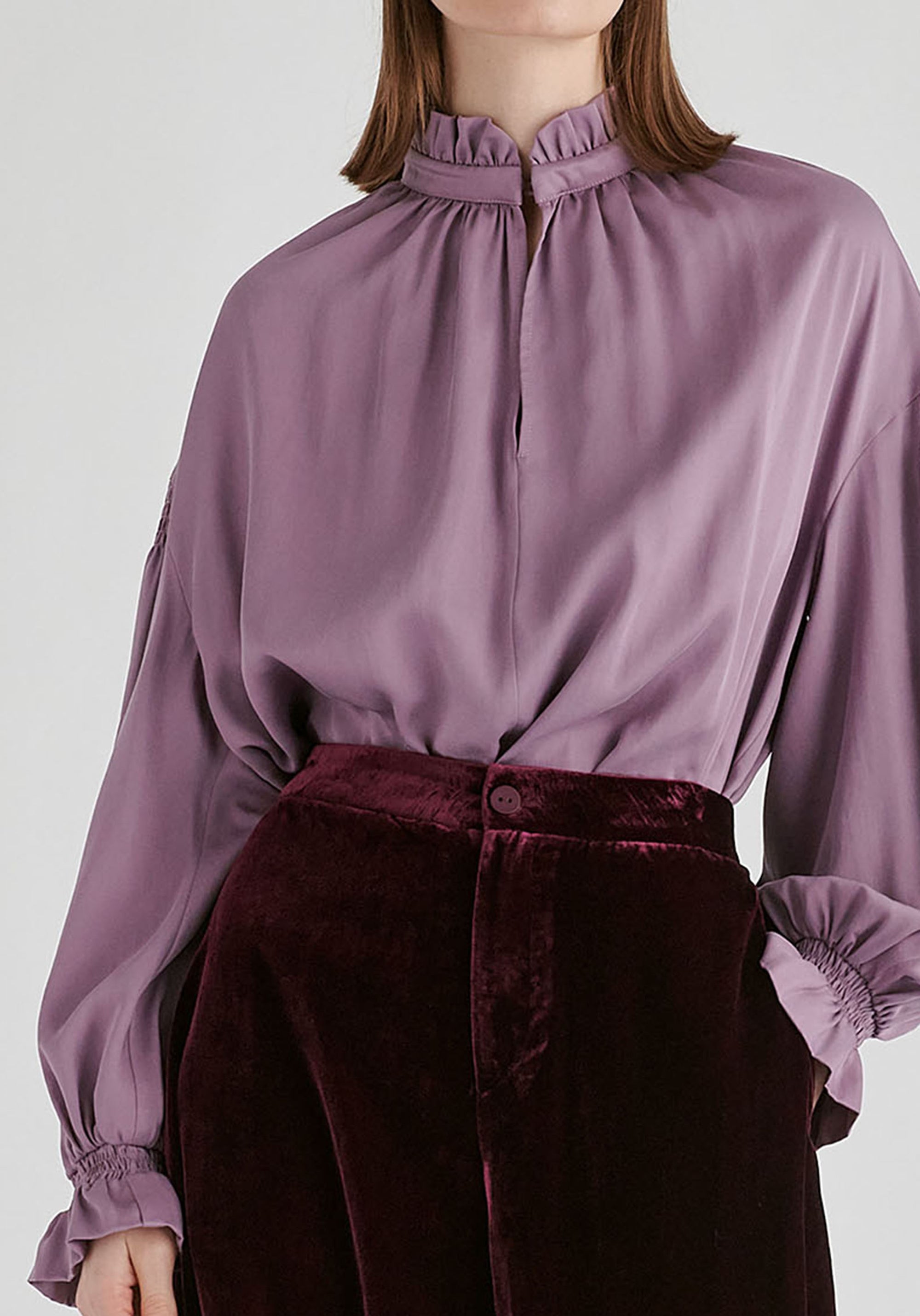 Ruffle Neck Lyocell Blouse with Smocked Cuffs