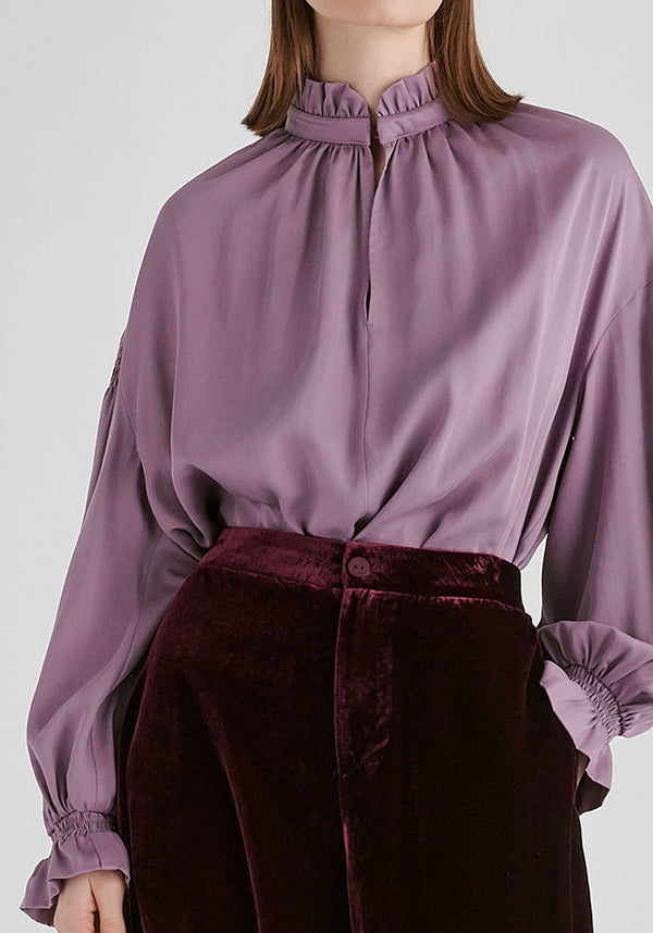 Ruffle Neck Lyocell Blouse with Smocked Cuffs