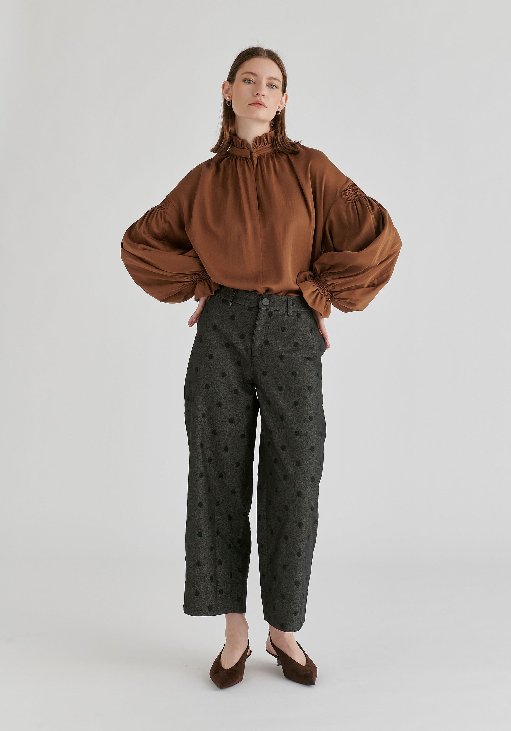 Ruffle Neck Lyocell Blouse with Smocked Cuffs