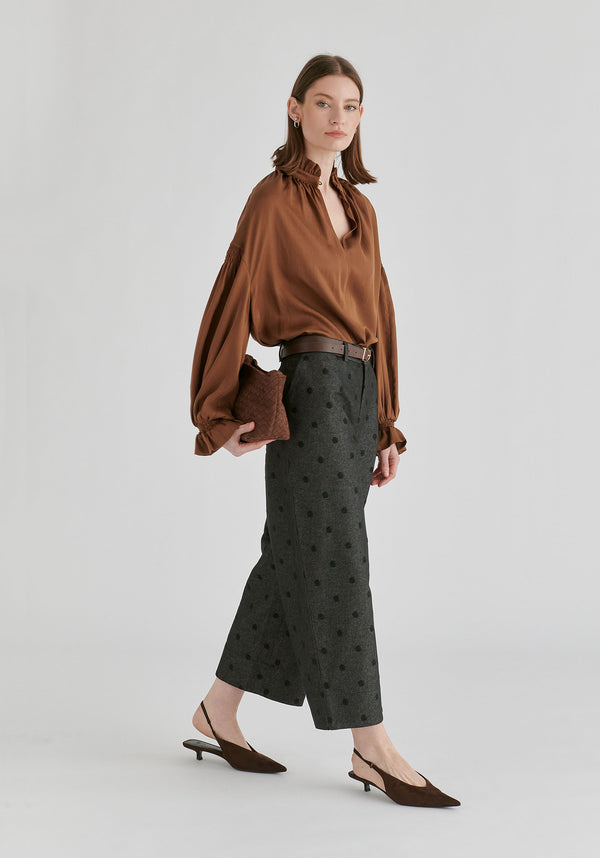 Ruffle Neck Lyocell Blouse with Smocked Cuffs
