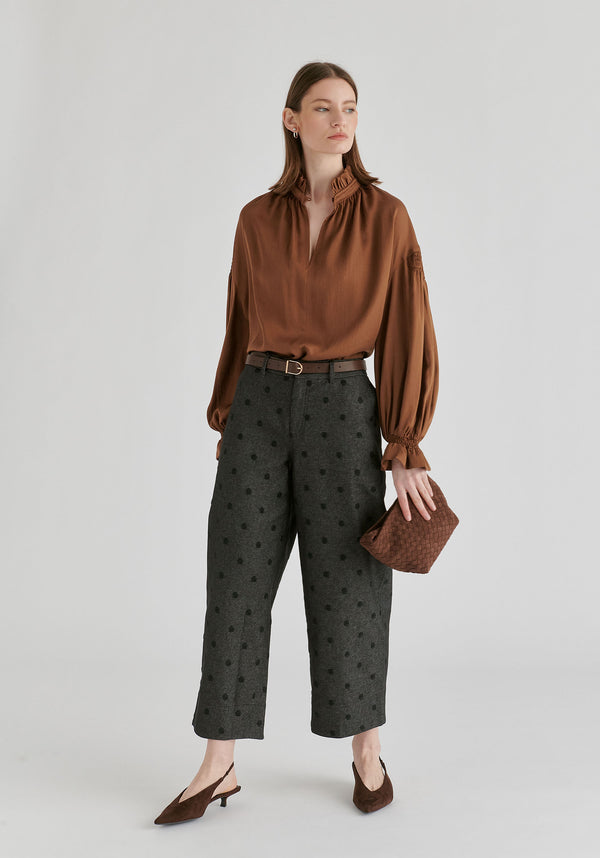 Ruffle Neck Lyocell Blouse with Smocked Cuffs