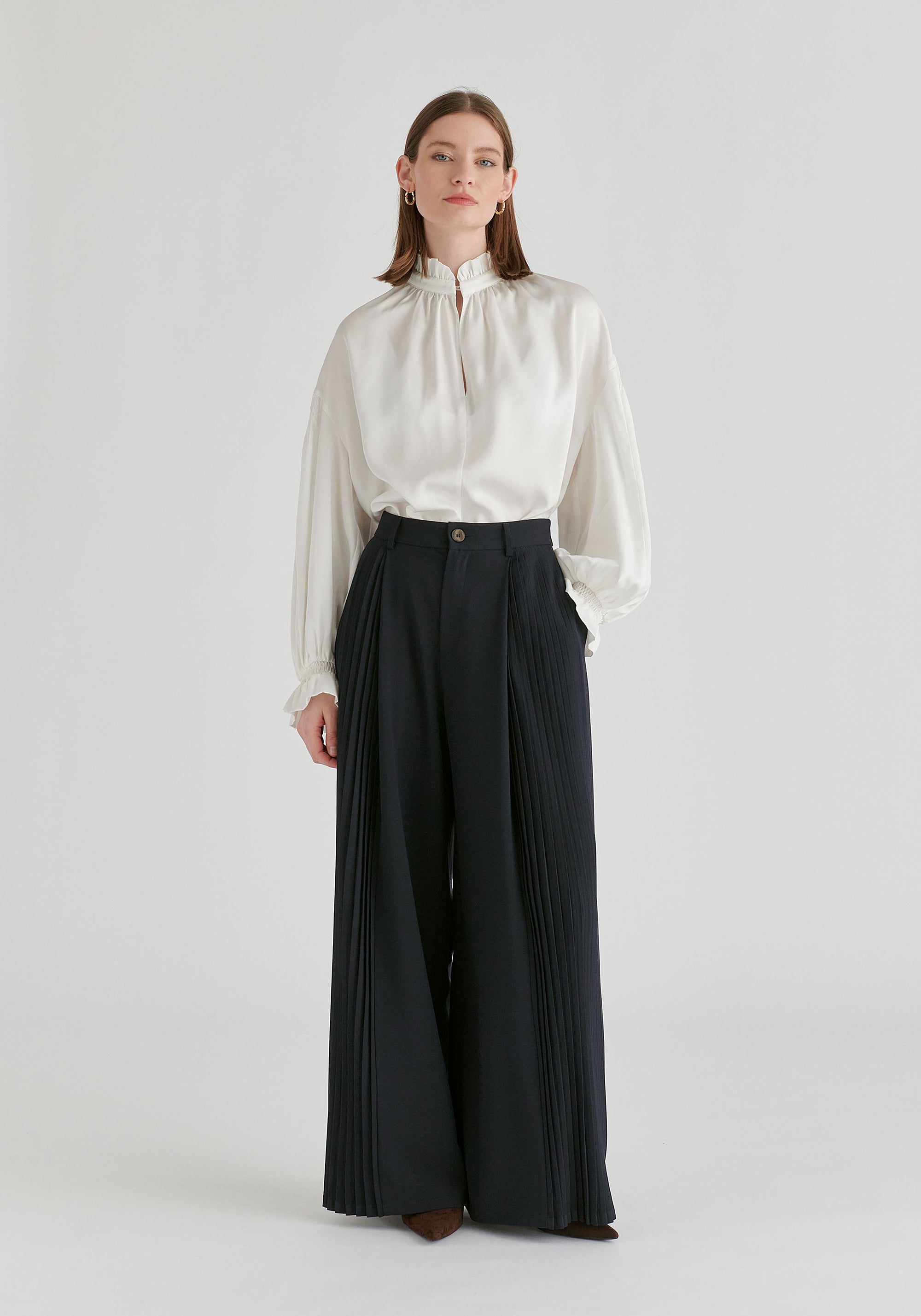 Ruffle Neck Lyocell Blouse with Smocked Cuffs
