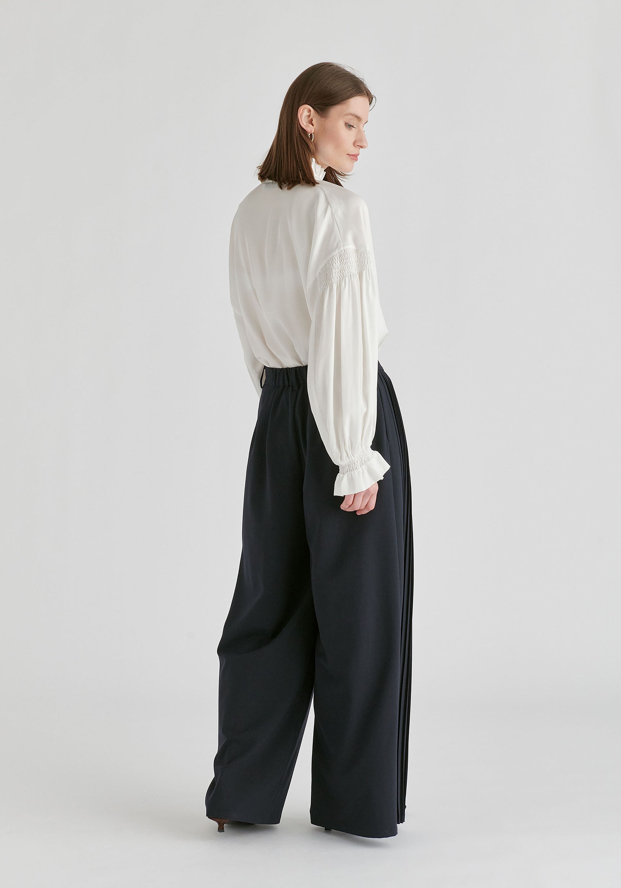 Ruffle Neck Lyocell Blouse with Smocked Cuffs