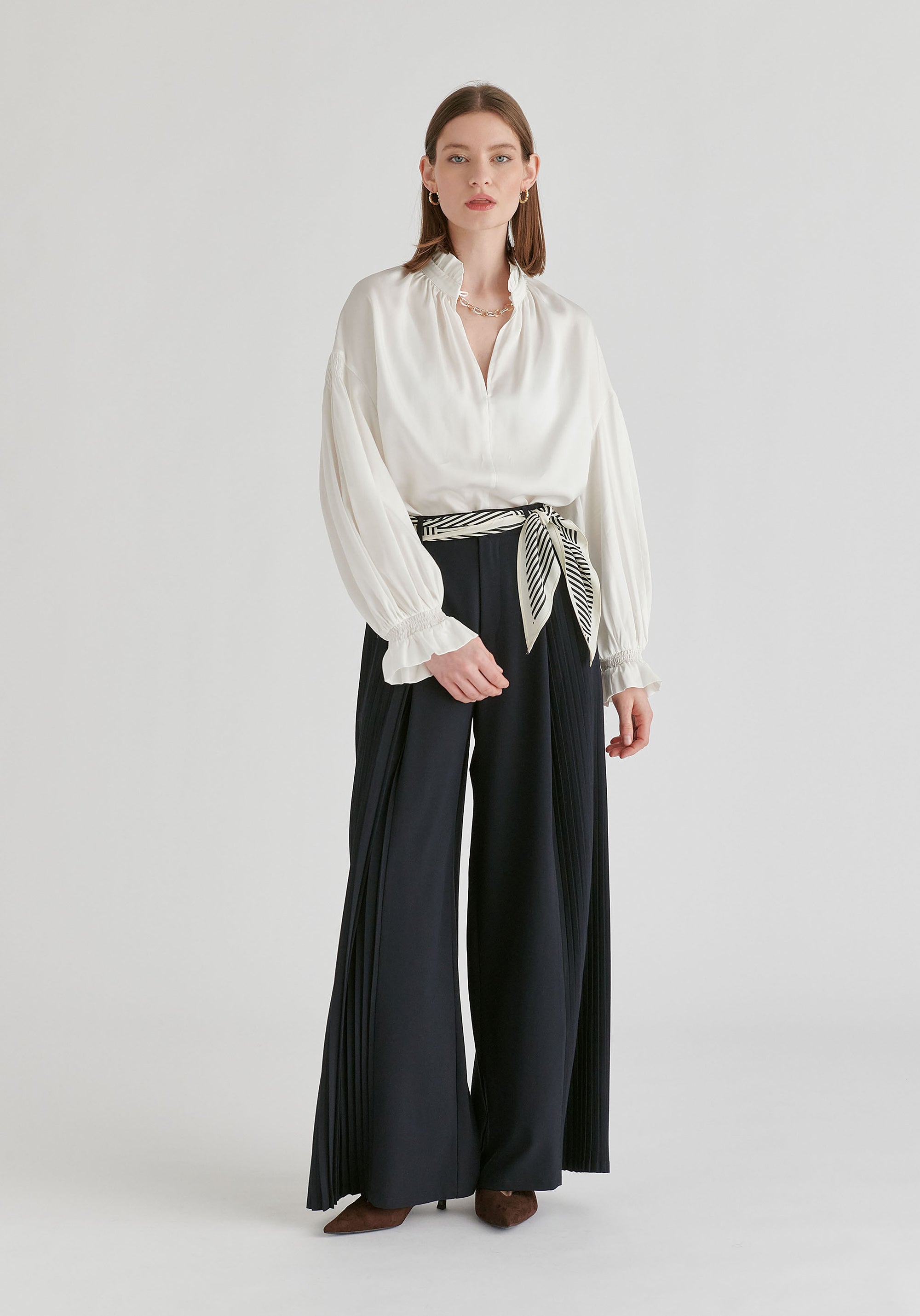 Ruffle Neck Lyocell Blouse with Smocked Cuffs