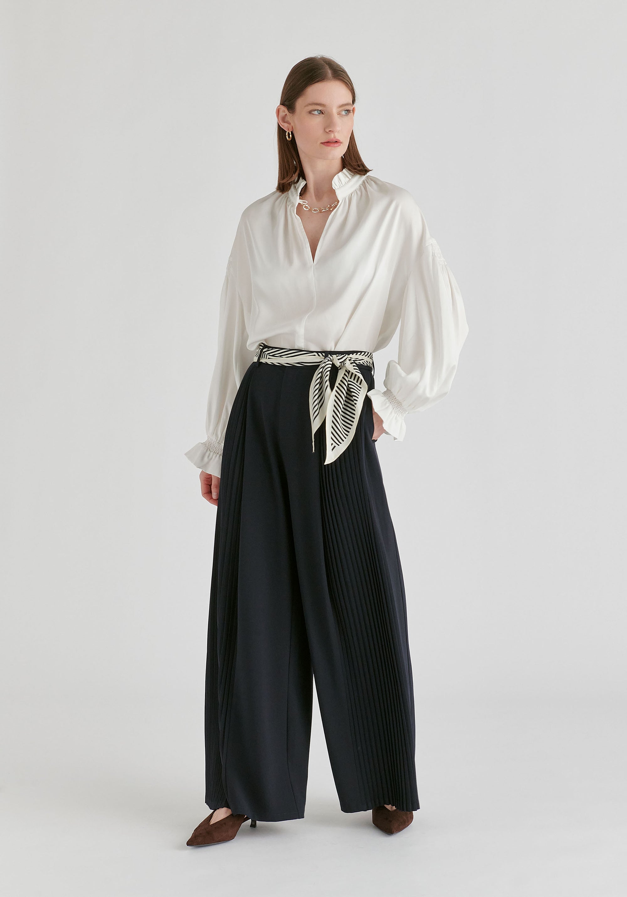Ruffle Neck Lyocell Blouse with Smocked Cuffs