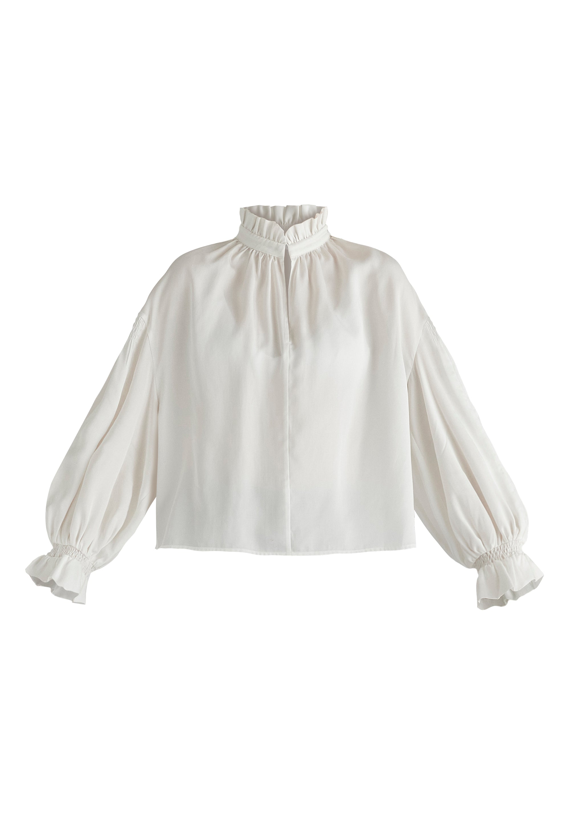 Ruffle Neck Lyocell Blouse with Smocked Cuffs