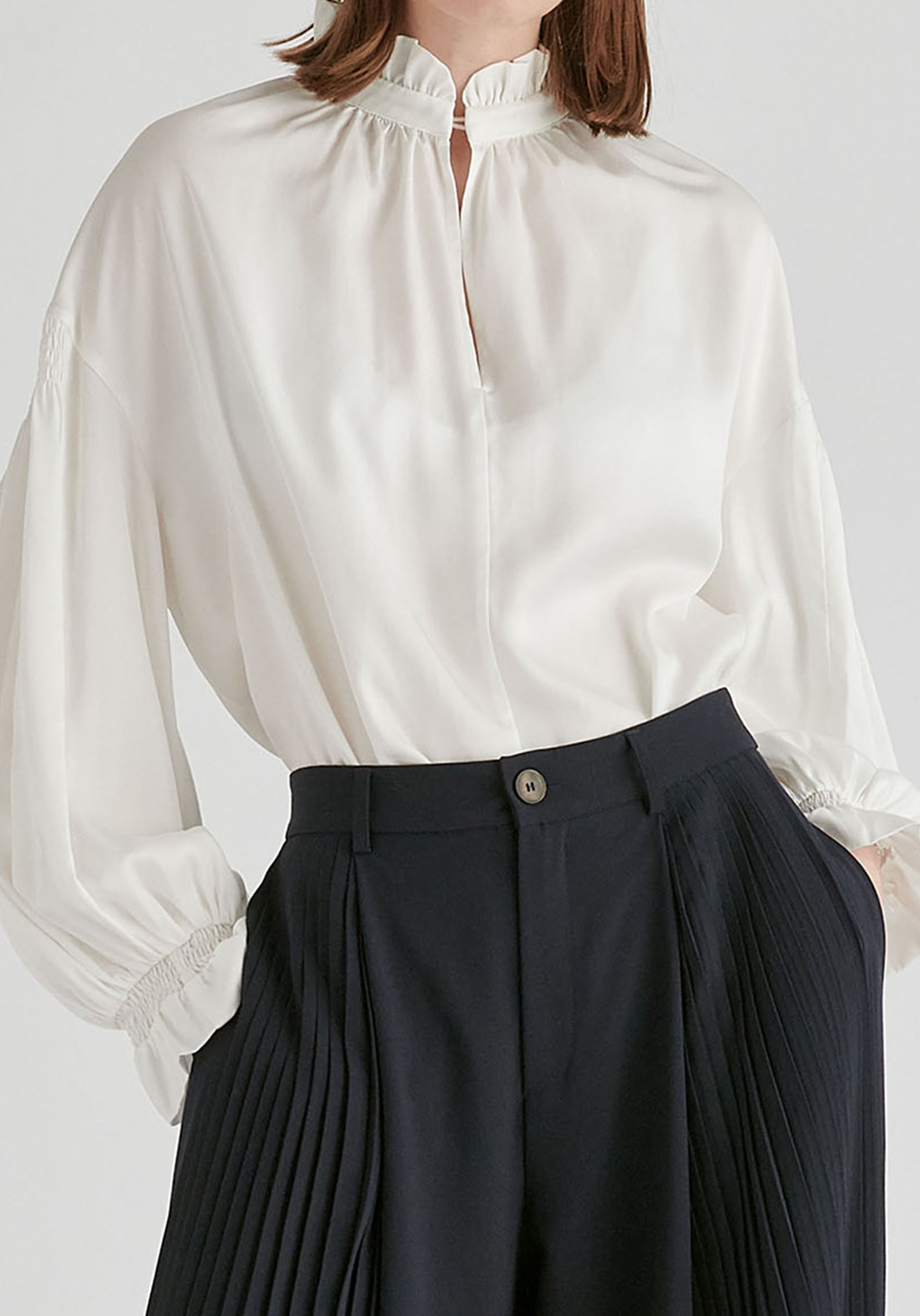Ruffle Neck Lyocell Blouse with Smocked Cuffs