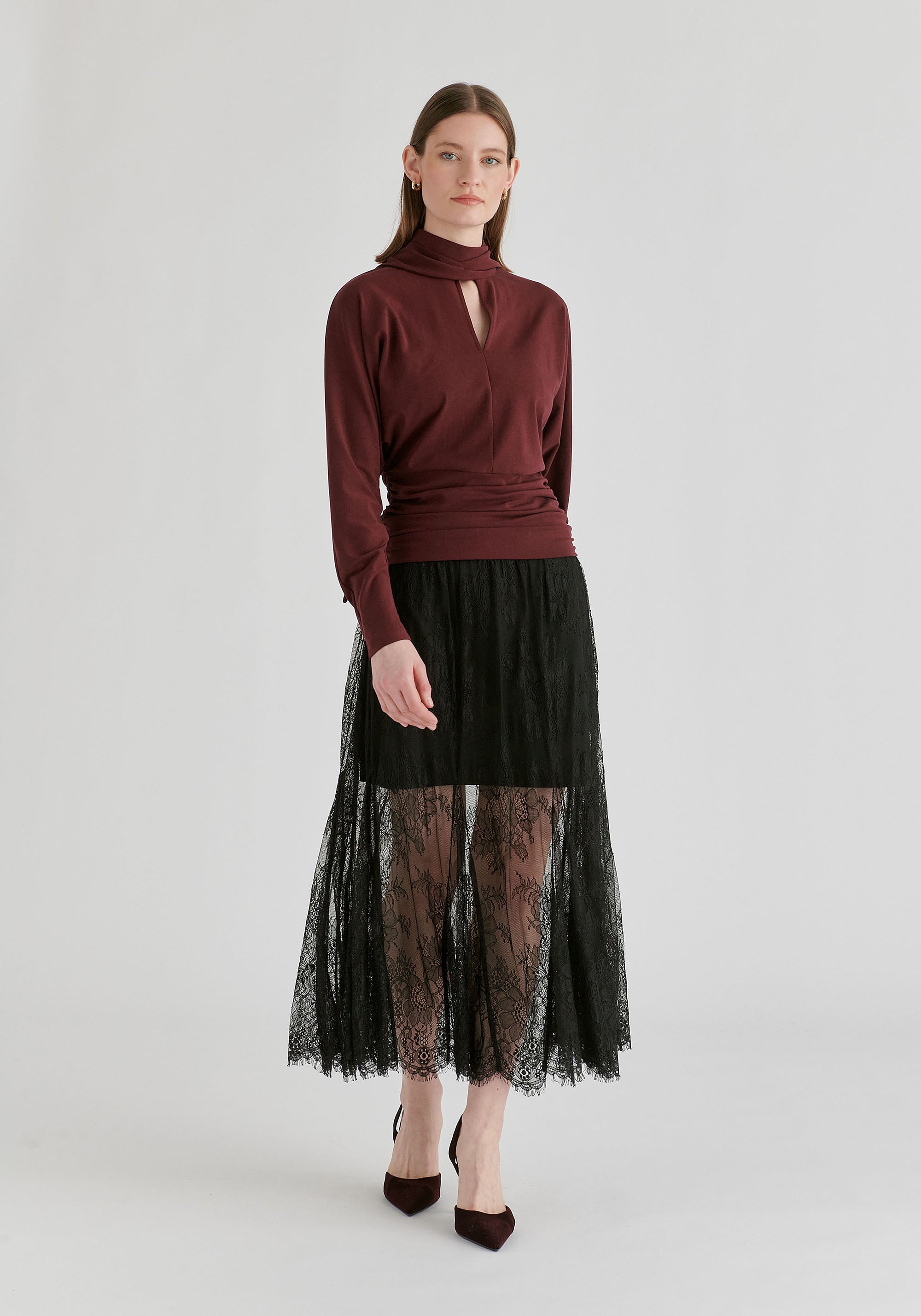 Convertible Scarf-Neck Lyocell Jersey Top with Ruched Waist