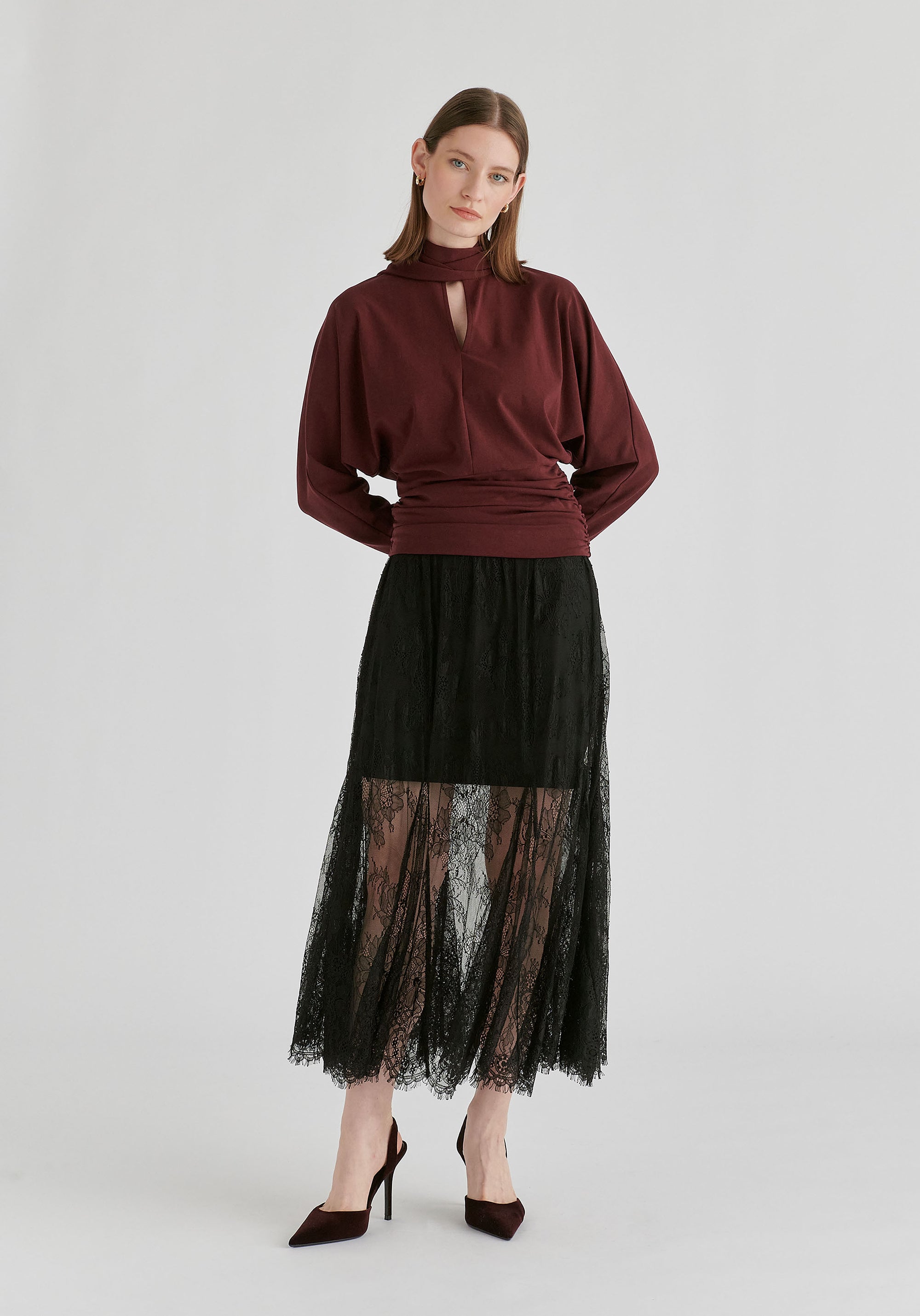 Convertible Scarf-Neck Lyocell Jersey Top with Ruched Waist