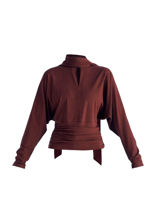 Convertible Scarf-Neck Lyocell Jersey Top with Ruched Waist in Wine Cutout