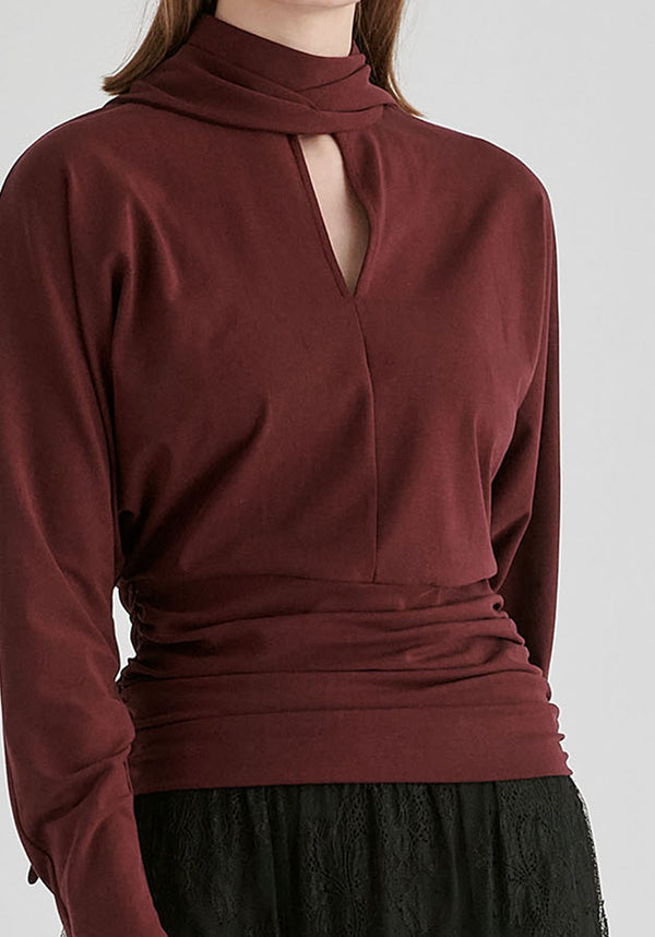 Convertible Scarf-Neck Lyocell Jersey Top with Ruched Waist in Wine Closeup