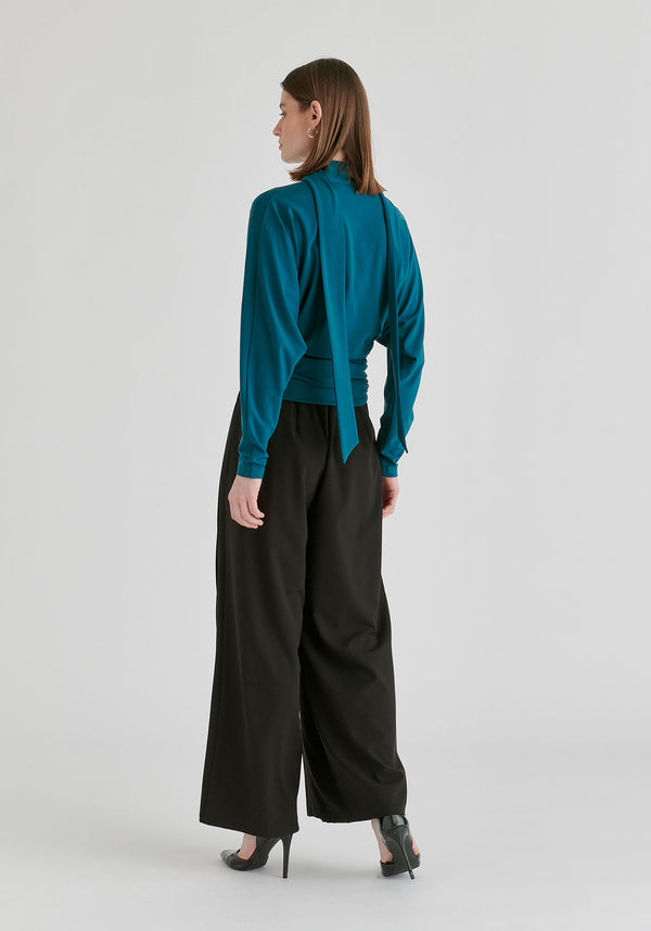 Convertible Scarf-Neck Lyocell Jersey Top with Ruched Waist in Ocean Blue Back