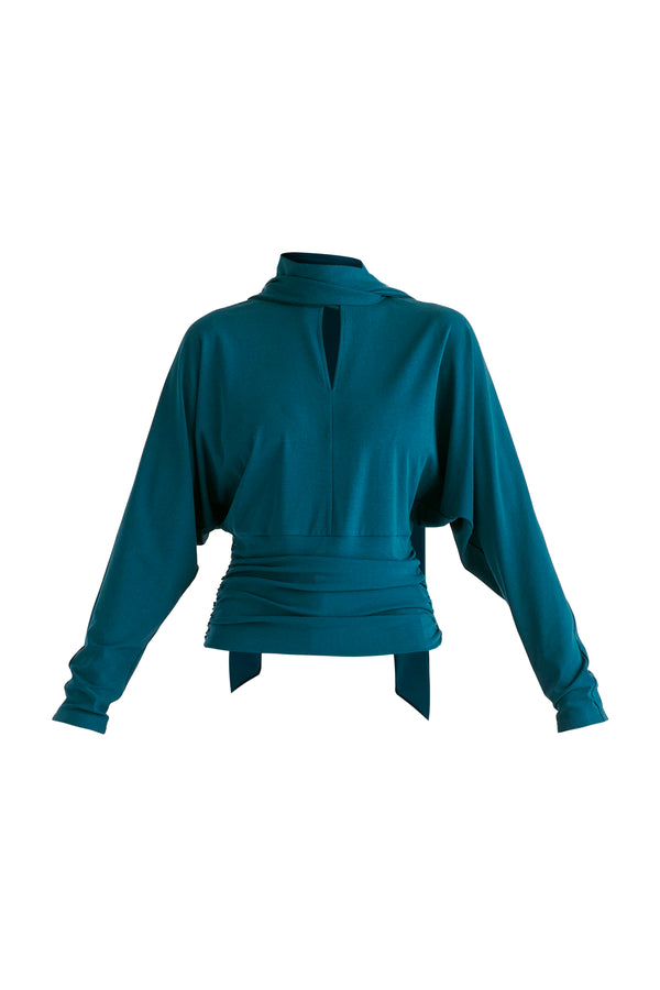 Convertible Scarf-Neck Lyocell Jersey Top with Ruched Waist in Ocean Blue Cutout