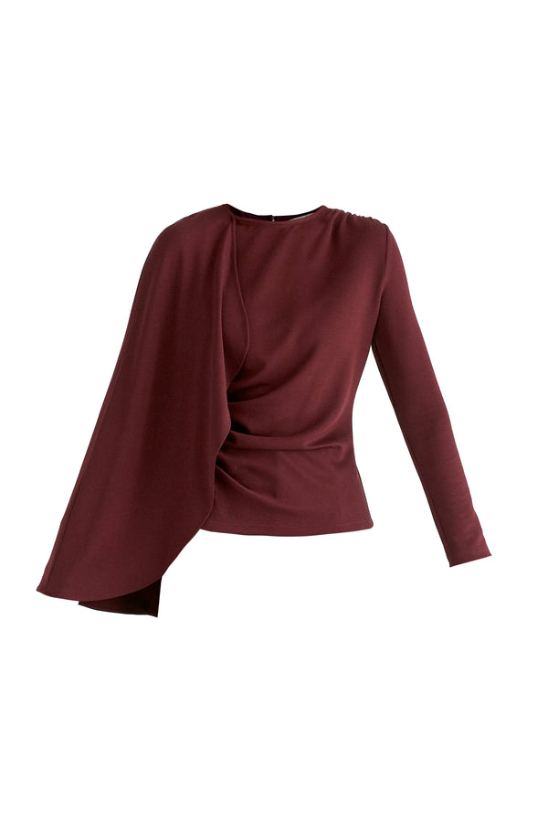 Asymmetrical Cape Sleeve Lyocell Jersey Top in Wine Cutout