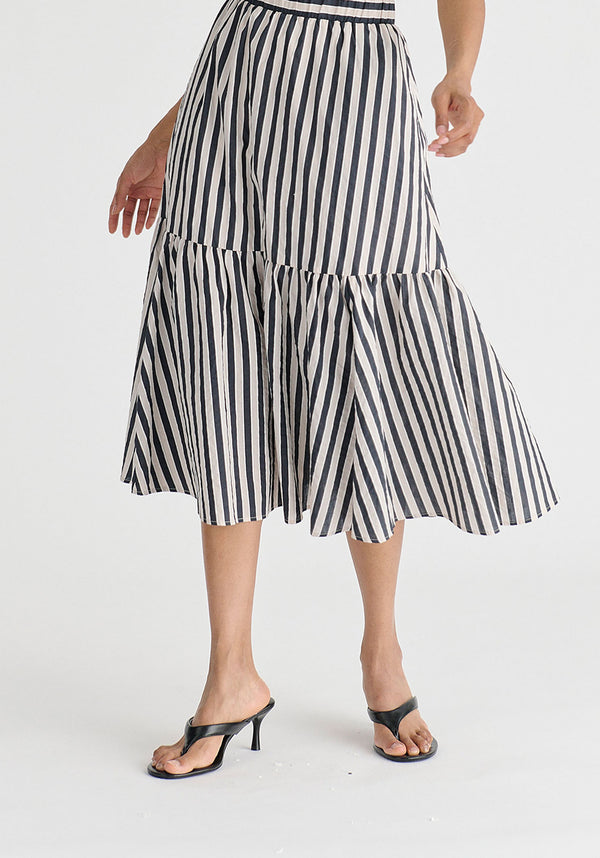 Tiered Striped Midi Skirt
