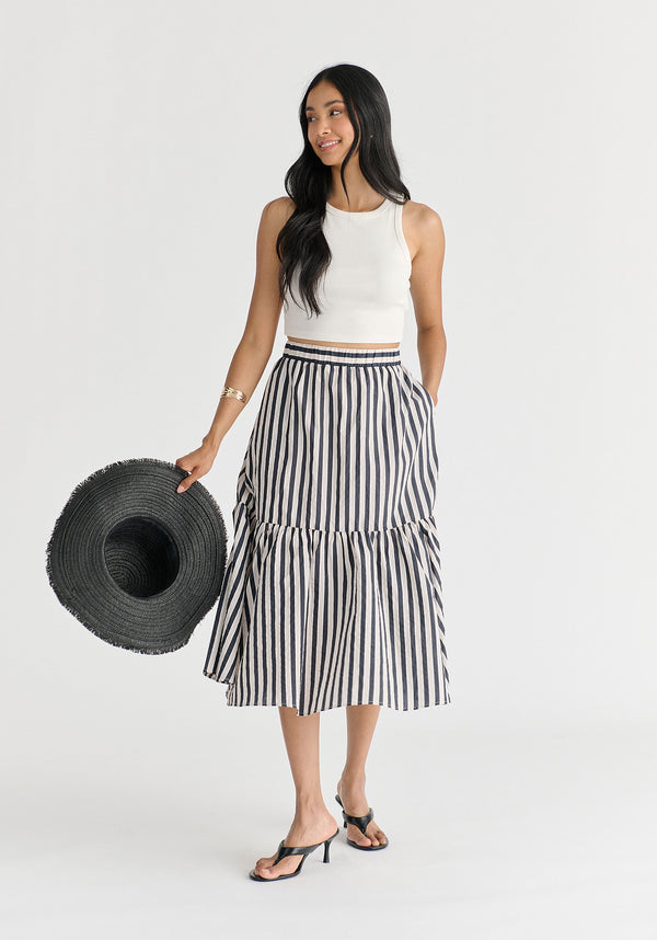 Tiered Striped Midi Skirt