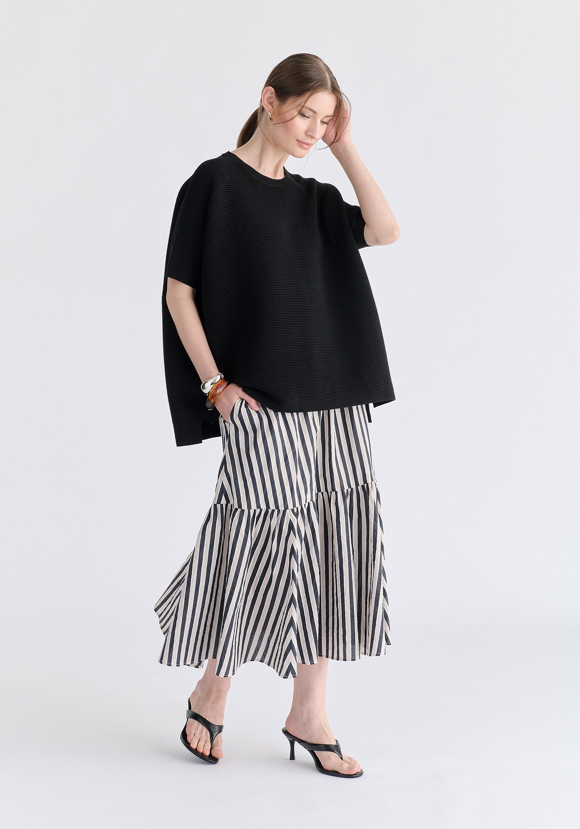 Tiered Striped Midi Skirt