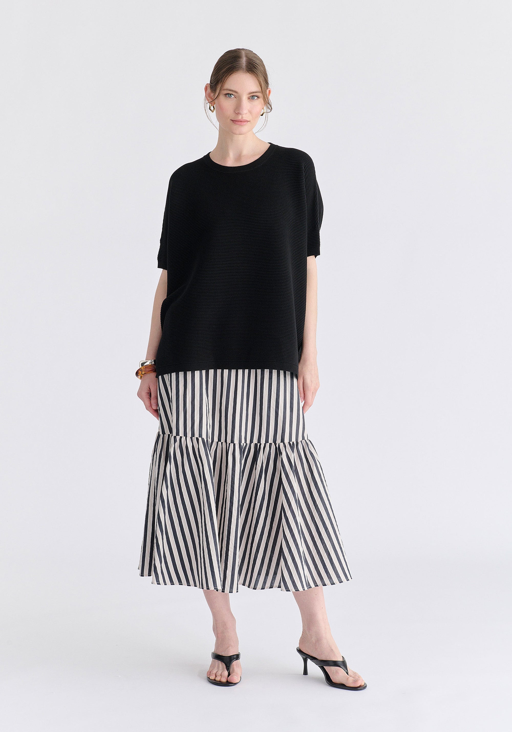 Tiered Striped Midi Skirt