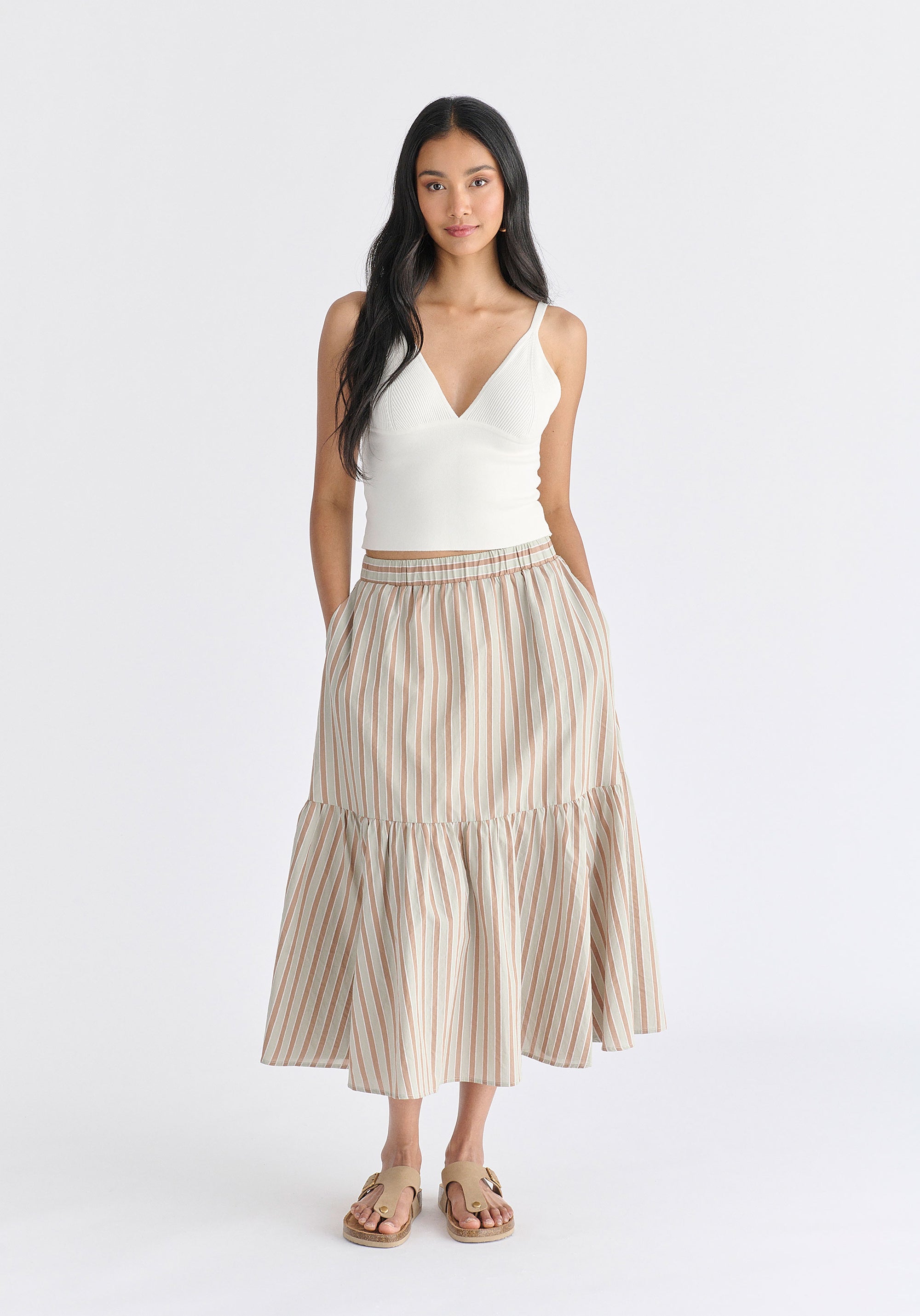 Tiered Striped Midi Skirt