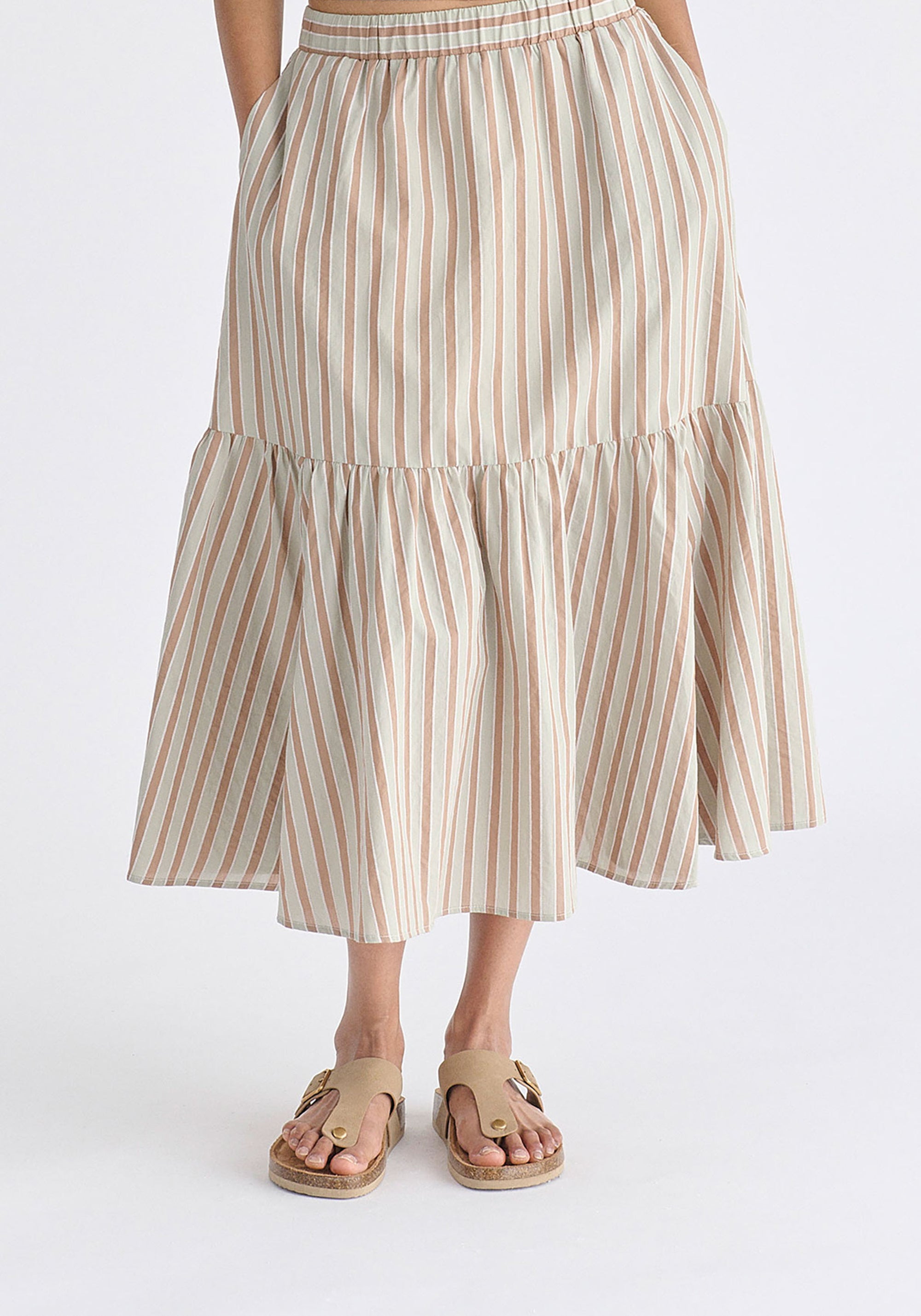 Tiered Striped Midi Skirt