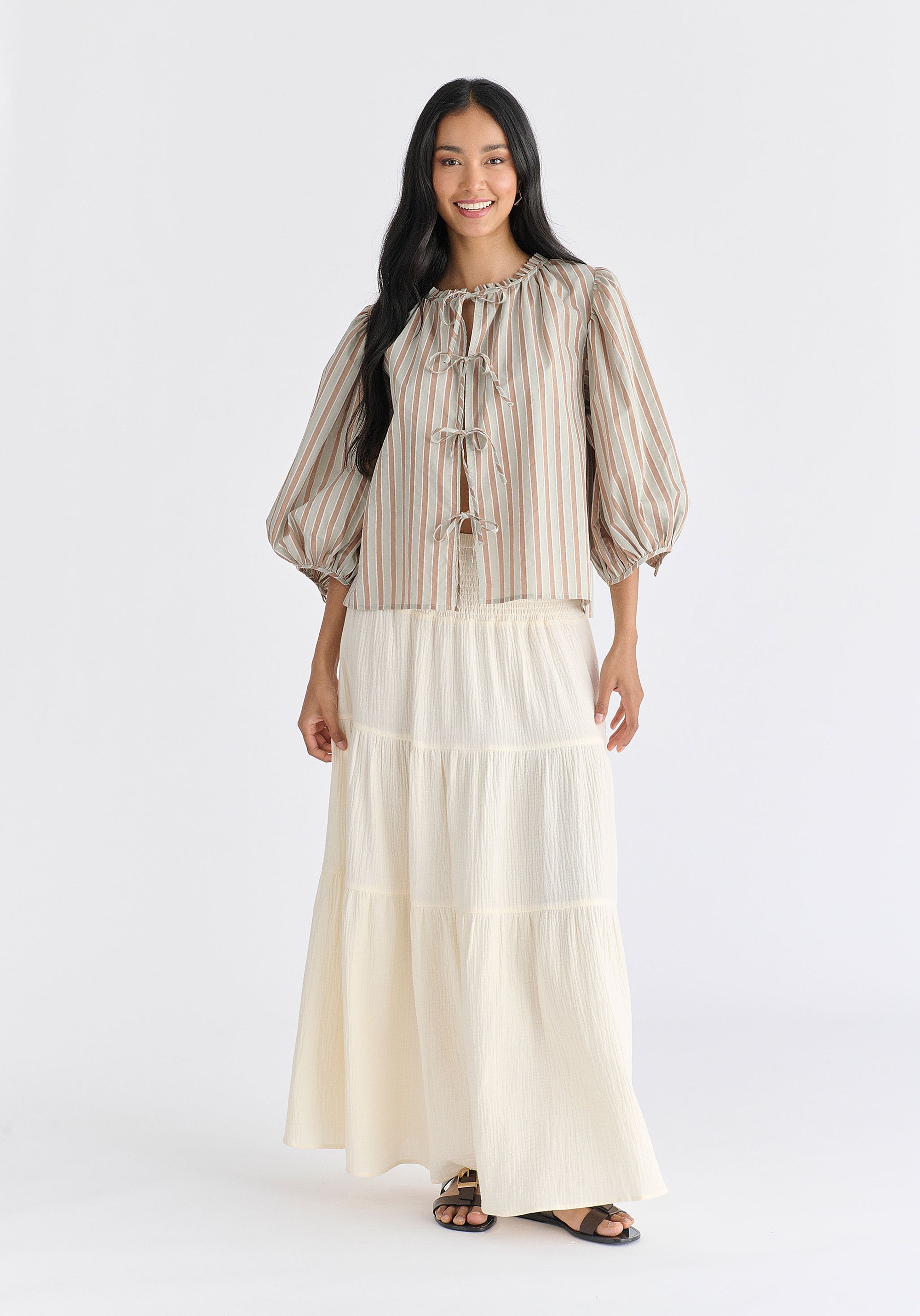 Cheesecloth Shirred Waist Tiered Maxi Skirt in Cream Front