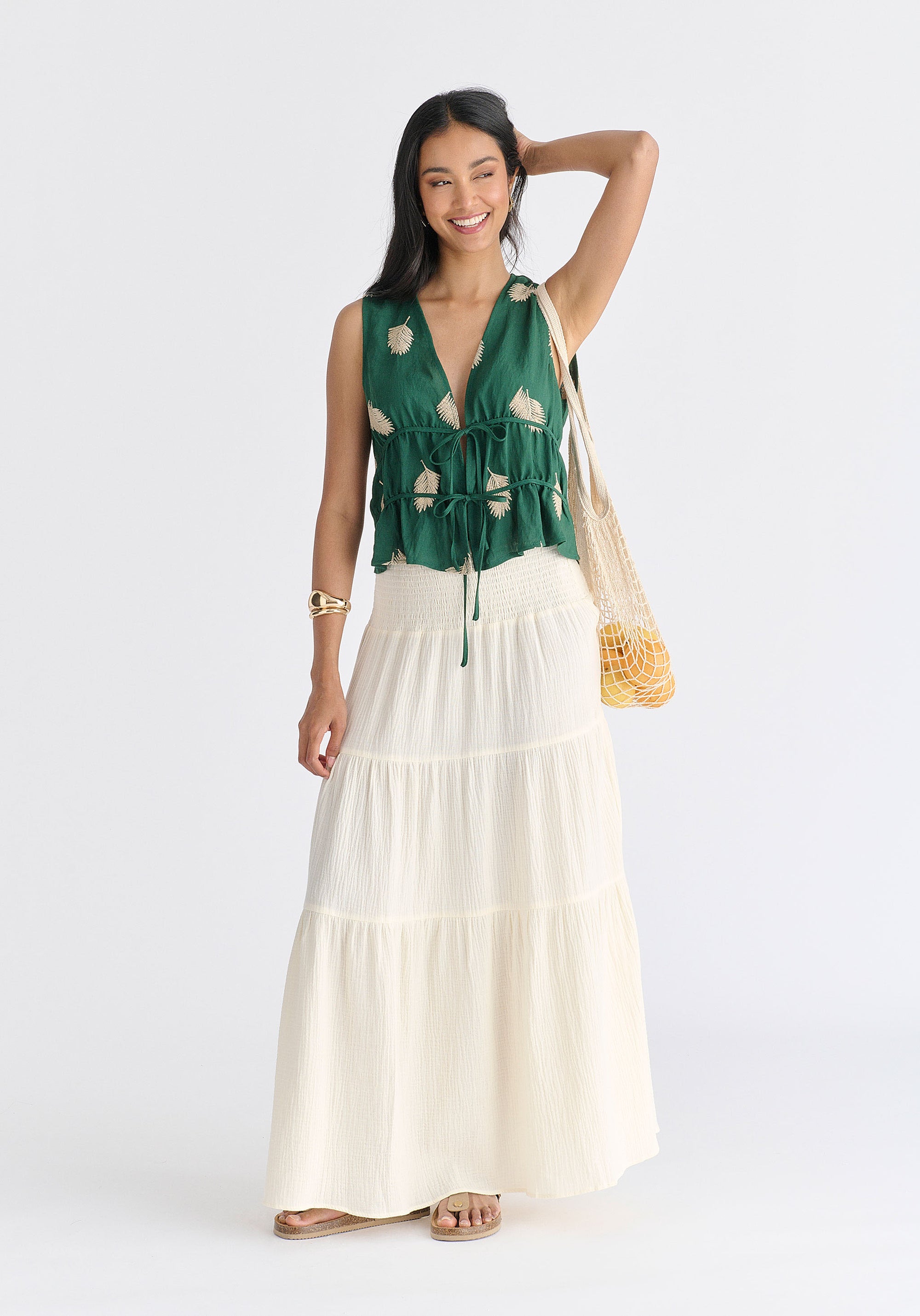 Cheesecloth Shirred Waist Tiered Maxi Skirt in Cream Front