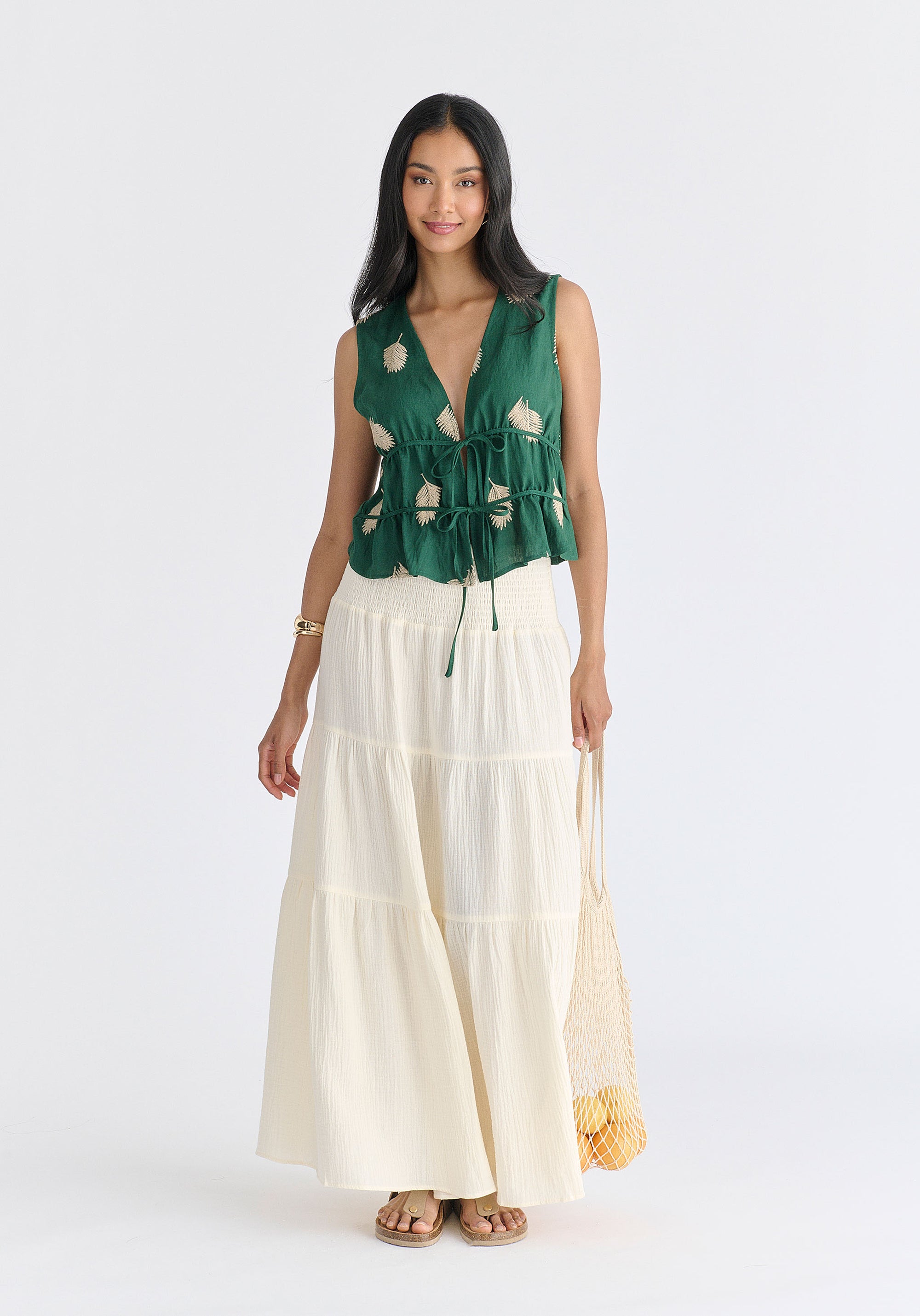 Cheesecloth Shirred Waist Tiered Maxi Skirt in Cream Front
