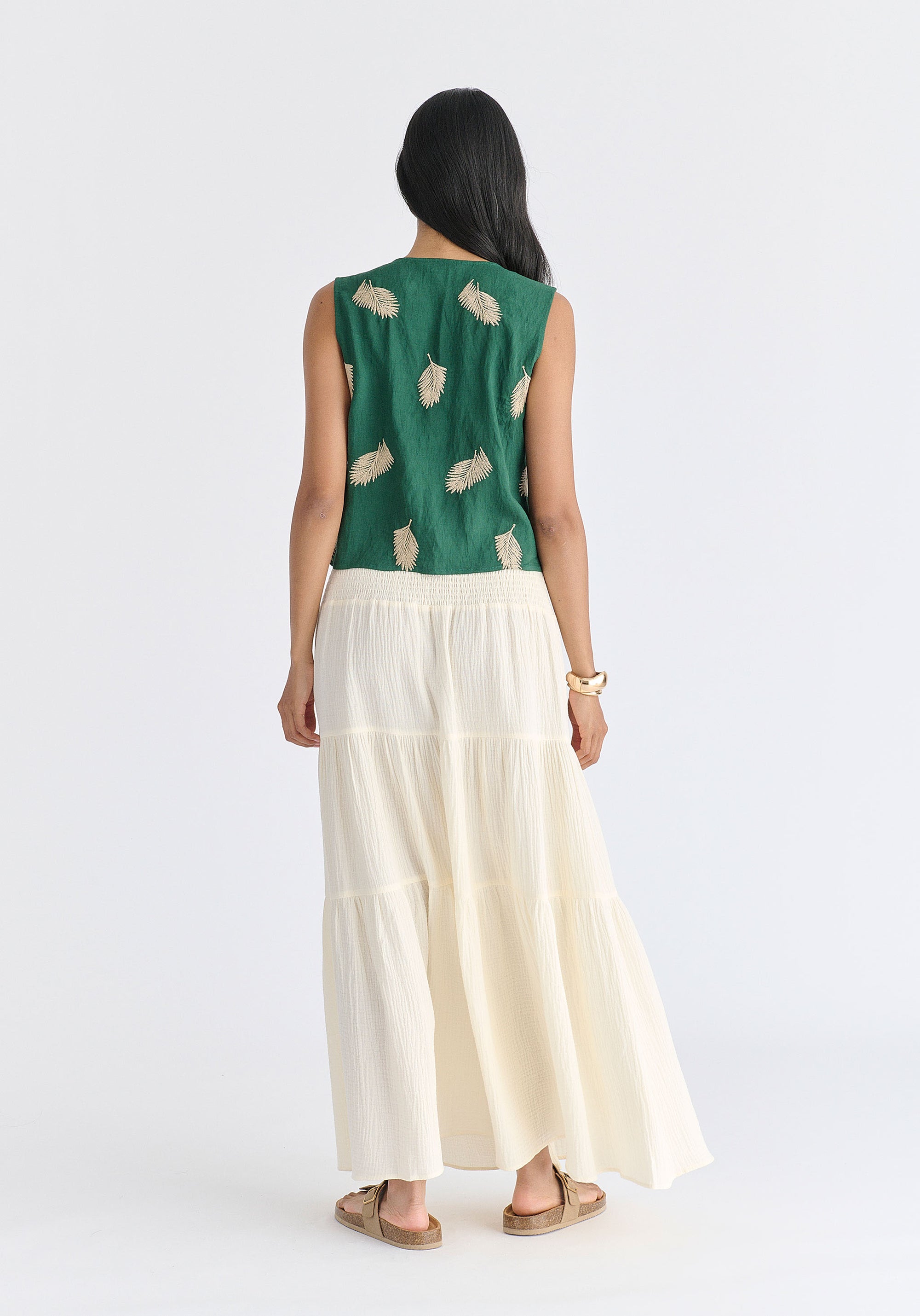 Cheesecloth Shirred Waist Tiered Maxi Skirt in Cream Back