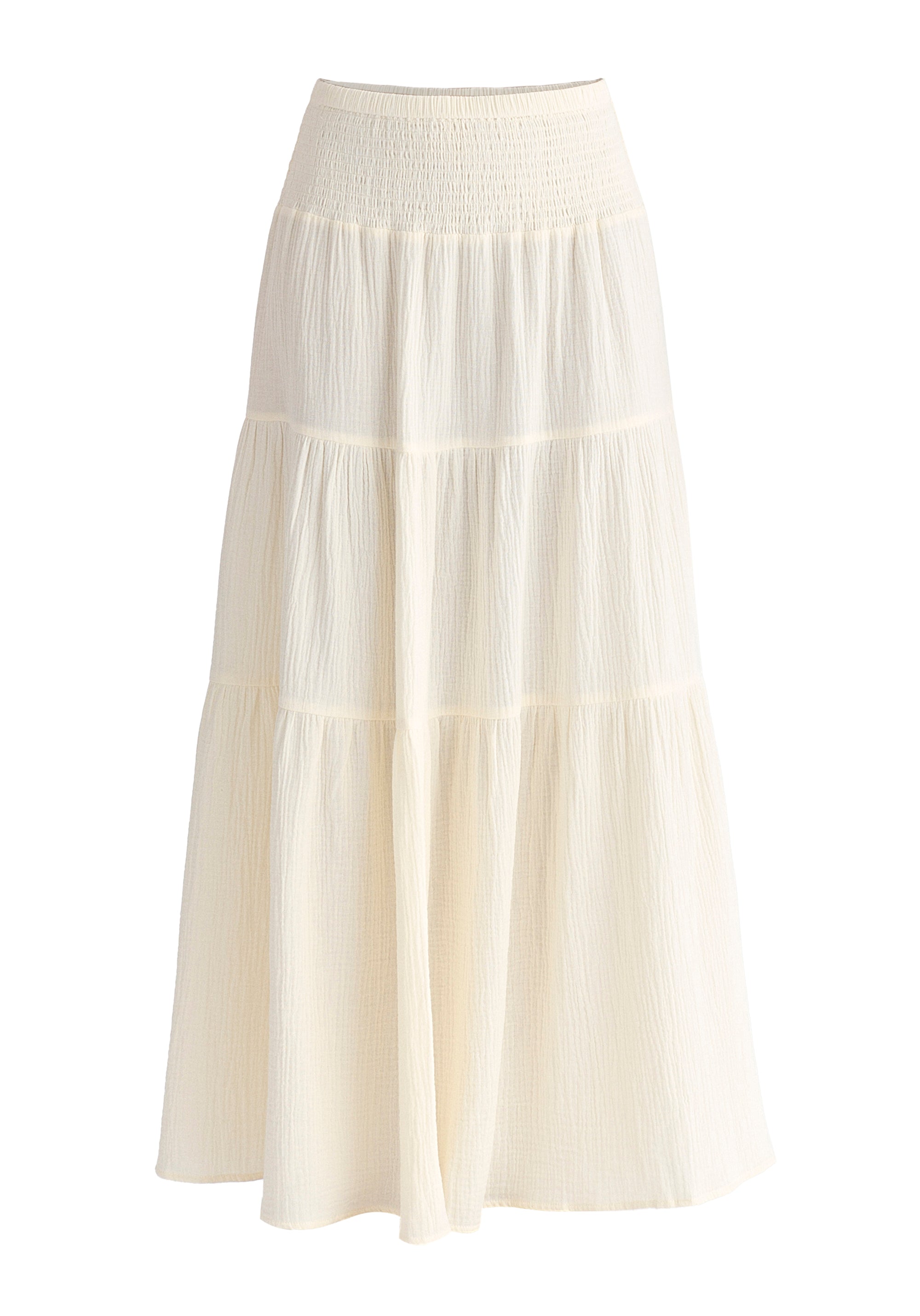 Cheesecloth Shirred Waist Tiered Maxi Skirt in Cream Cutout