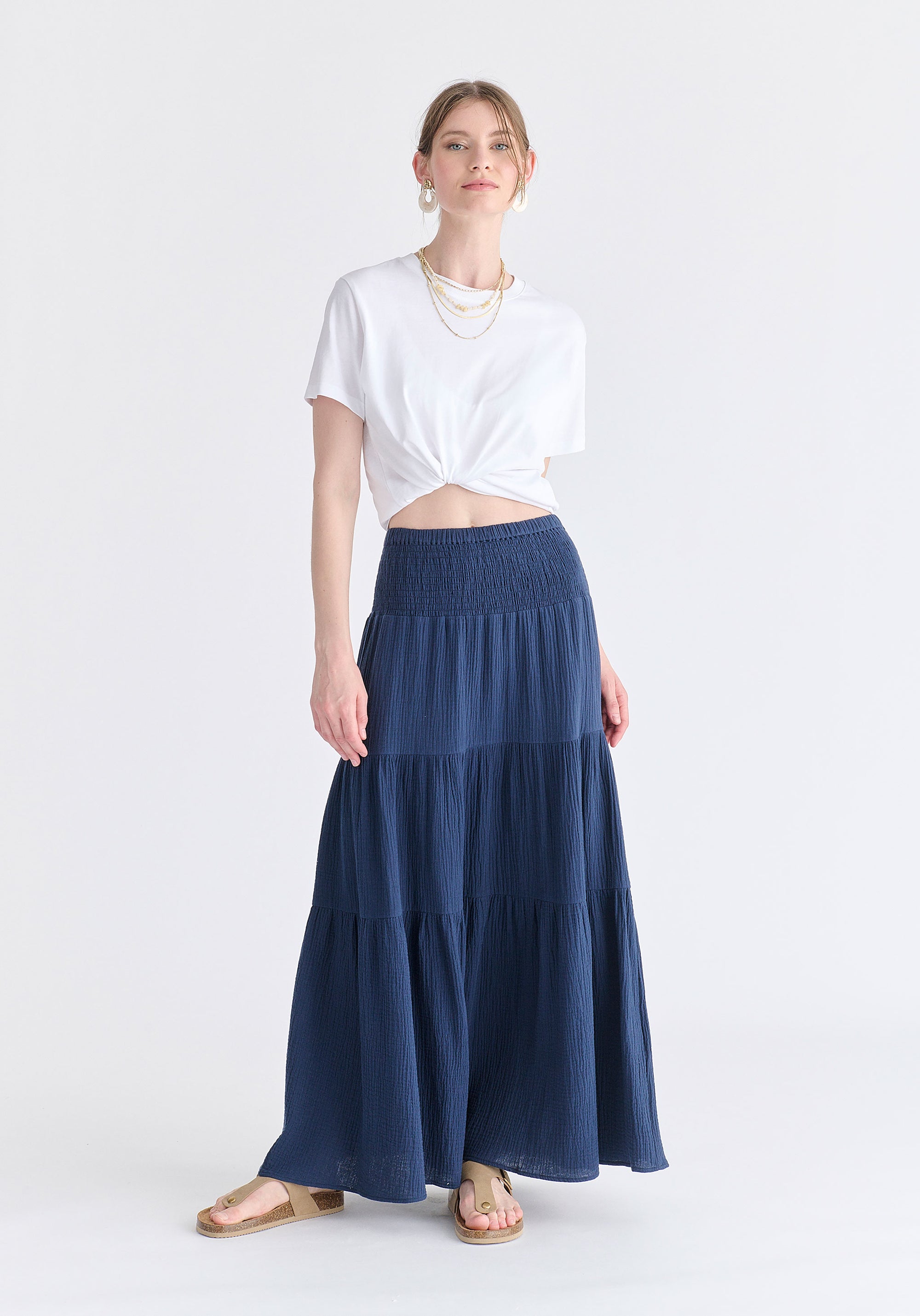Cheesecloth Shirred Waist Tiered Maxi Skirt in Navy Front