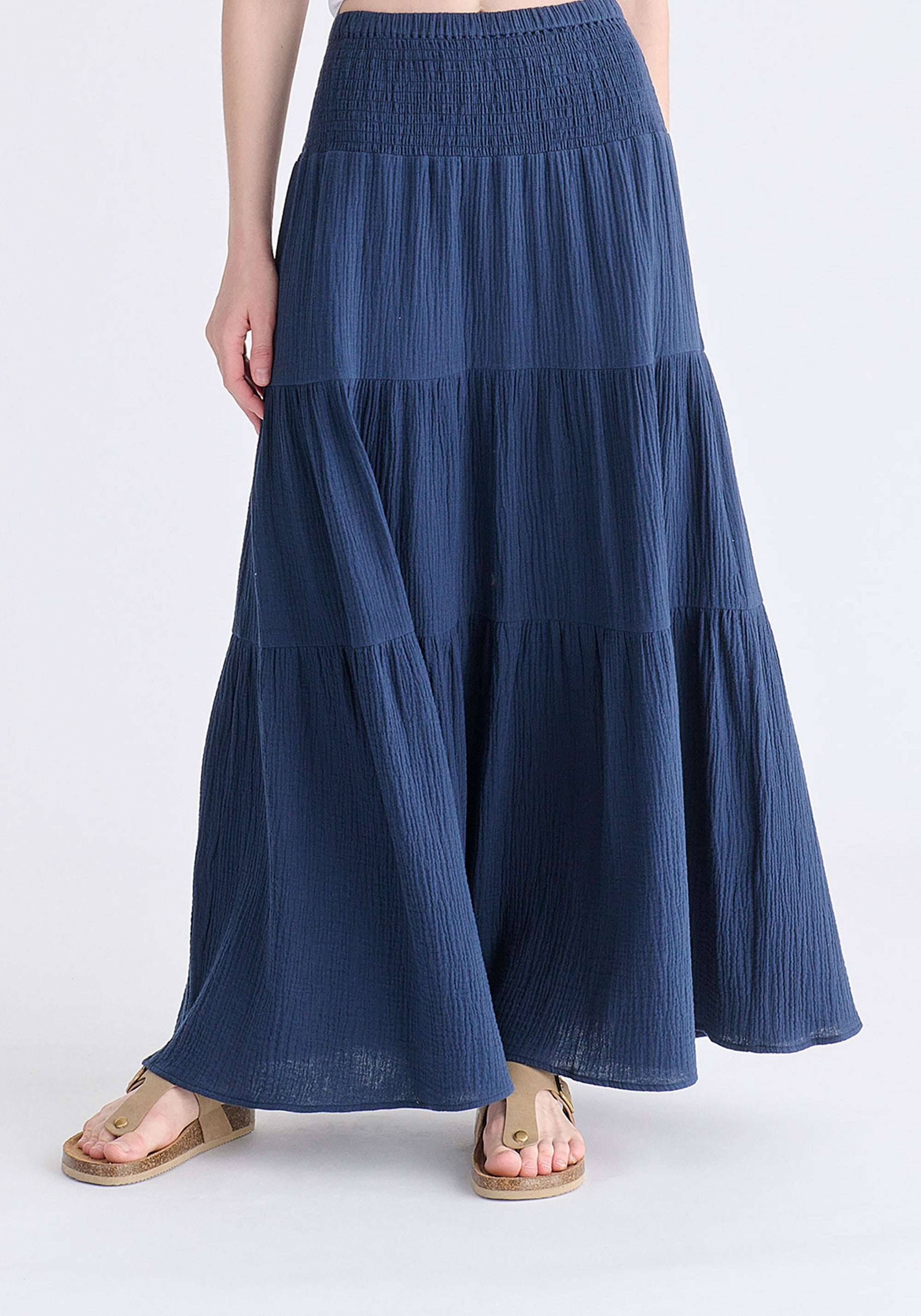 Cheesecloth Shirred Waist Tiered Maxi Skirt in Navy Closeup