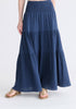 Cheesecloth Shirred Waist Tiered Maxi Skirt in Navy Closeup