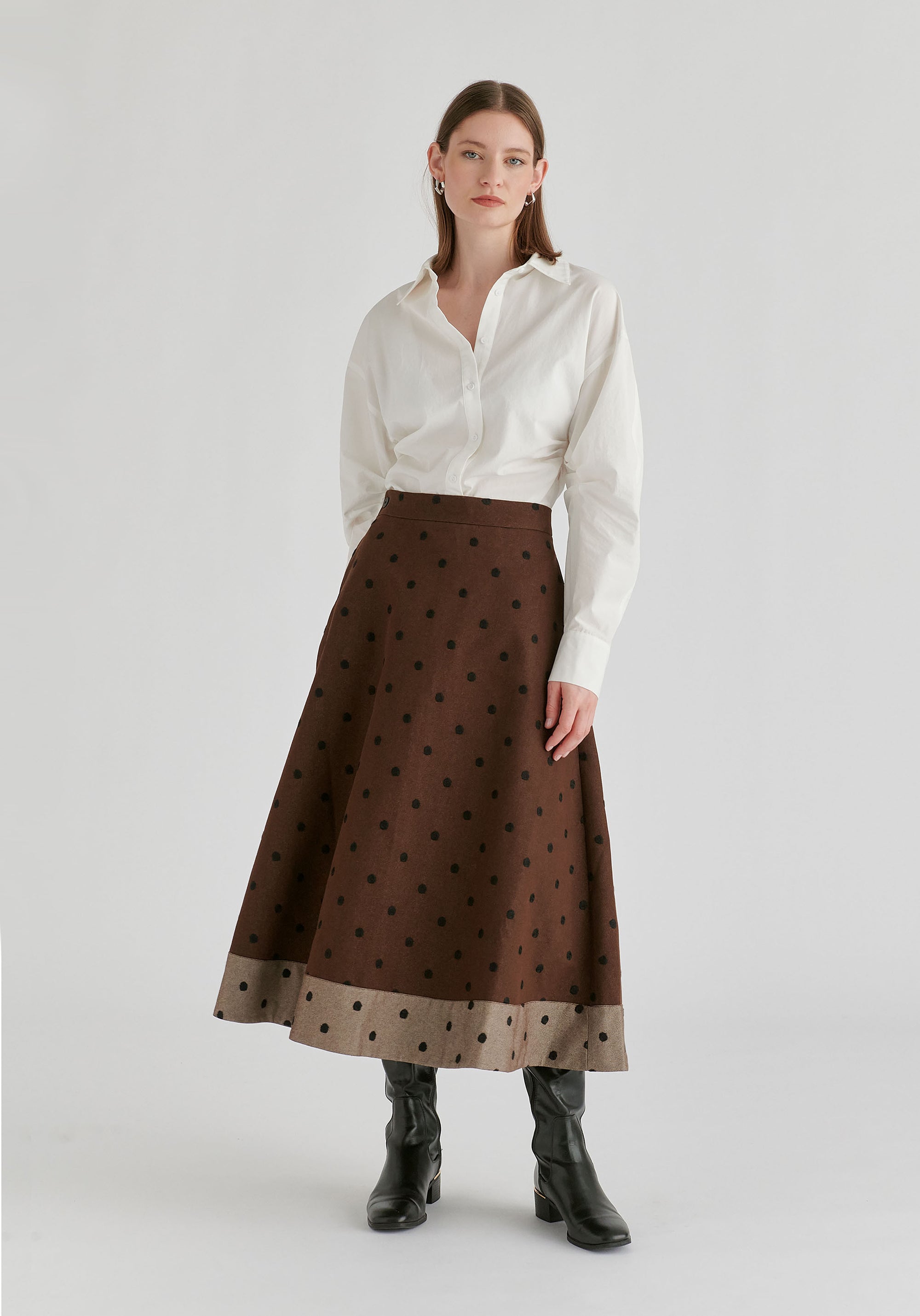 Embroidered Polka Dot A-Line Denim Skirt with Contrast Hem