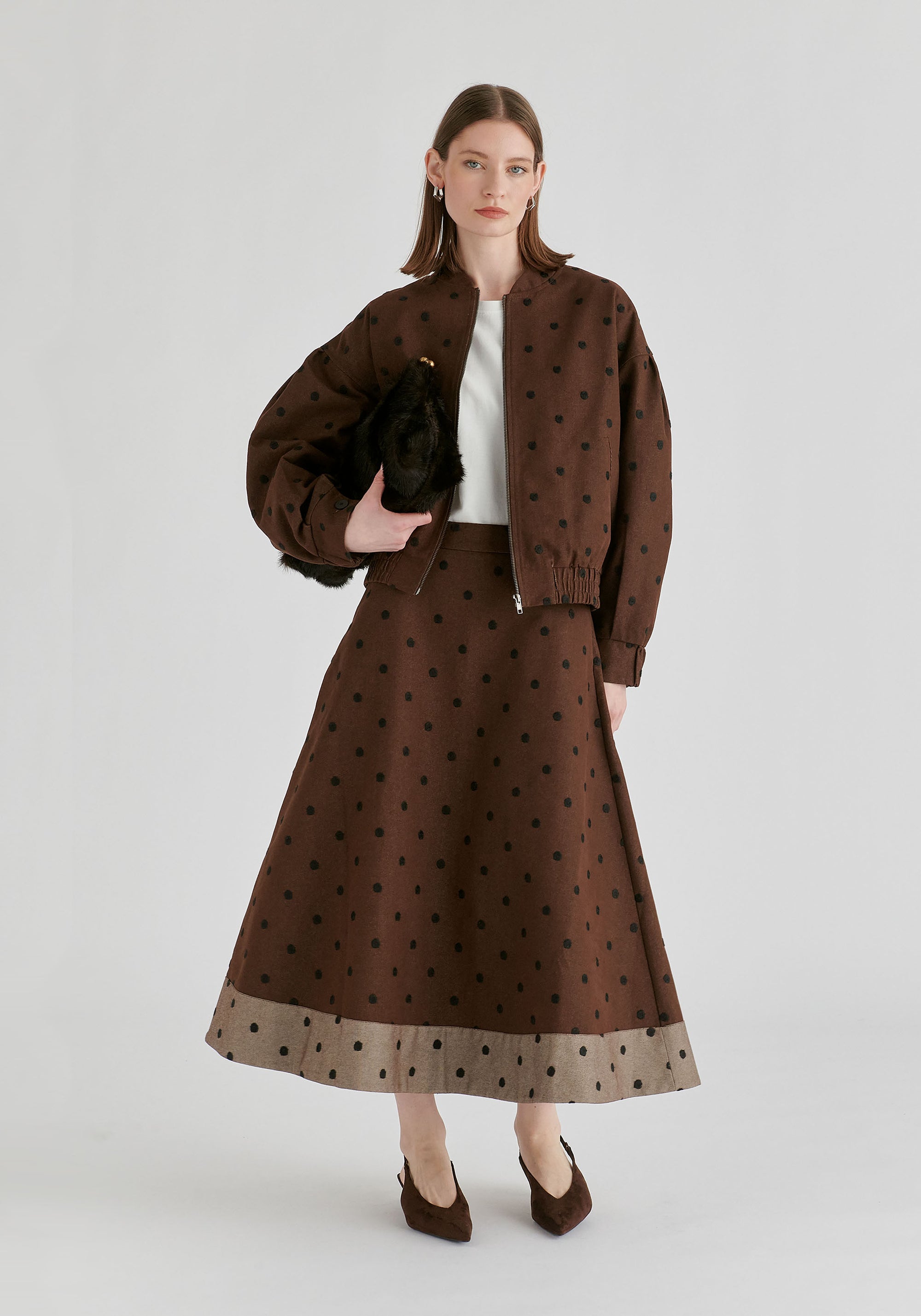 Embroidered Polka Dot A-Line Denim Skirt with Contrast Hem