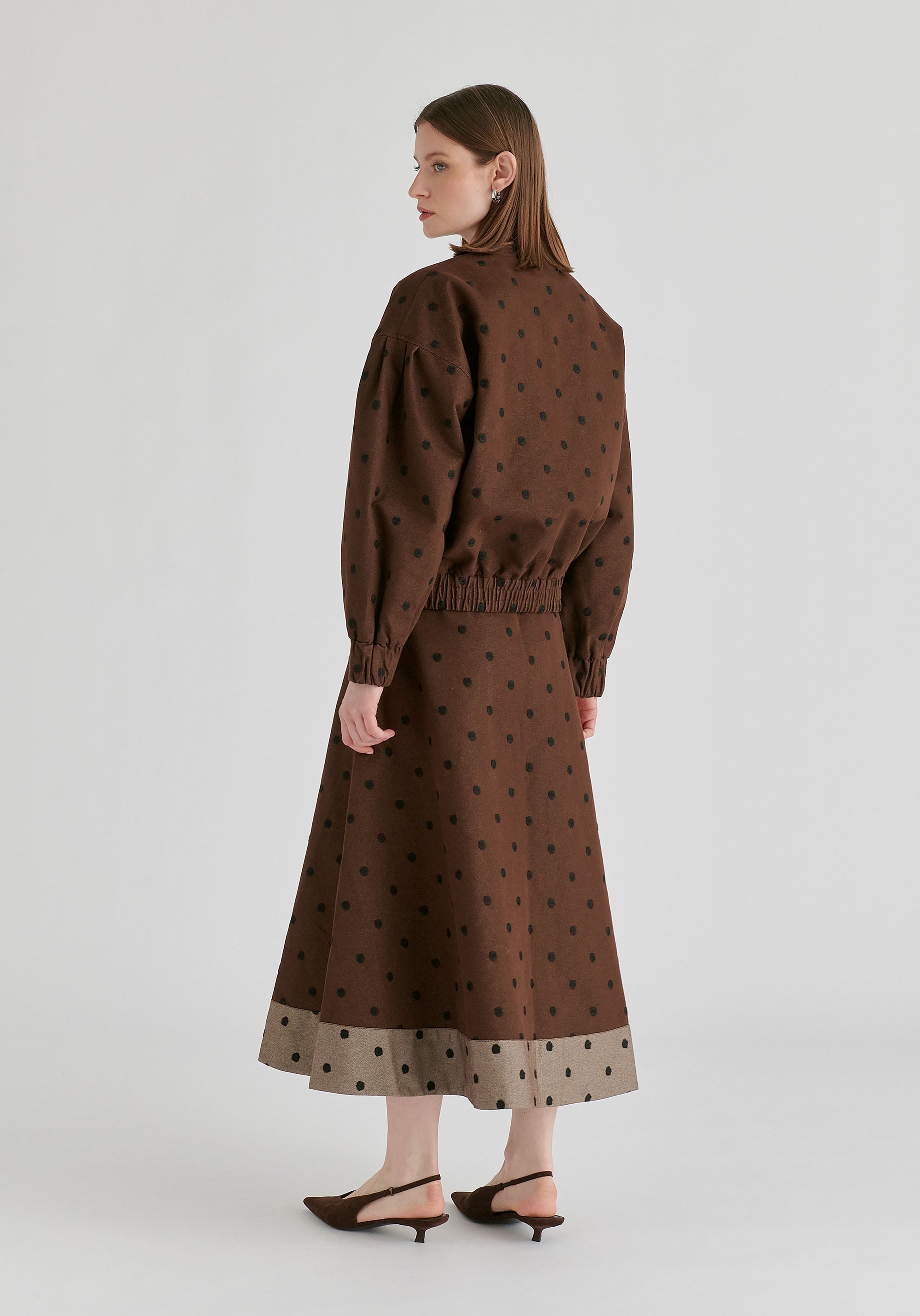 Embroidered Polka Dot A-Line Denim Skirt with Contrast Hem