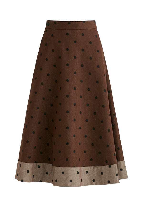 Embroidered Polka Dot A-Line Denim Skirt with Contrast Hem