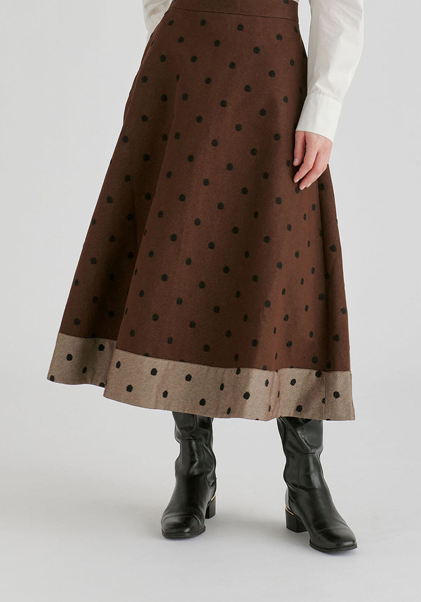 Embroidered Polka Dot A-Line Denim Skirt with Contrast Hem