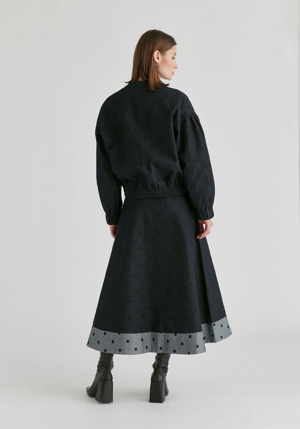 Embroidered Polka Dot A-Line Denim Skirt with Contrast Hem in Dark Denim Blue Back